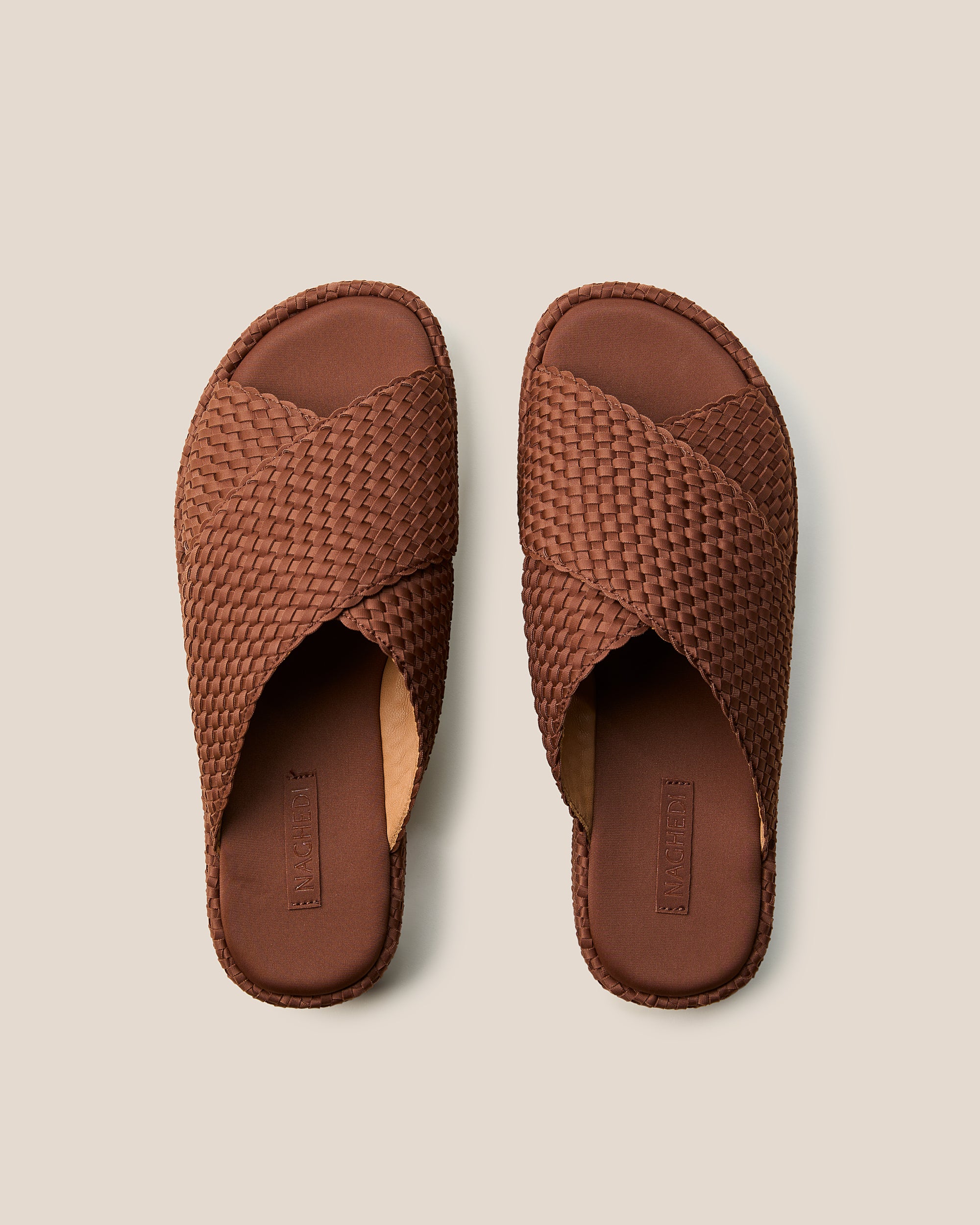 Top view of pair of The Laguna Platform in Adobe showing the padded neoprene insole.