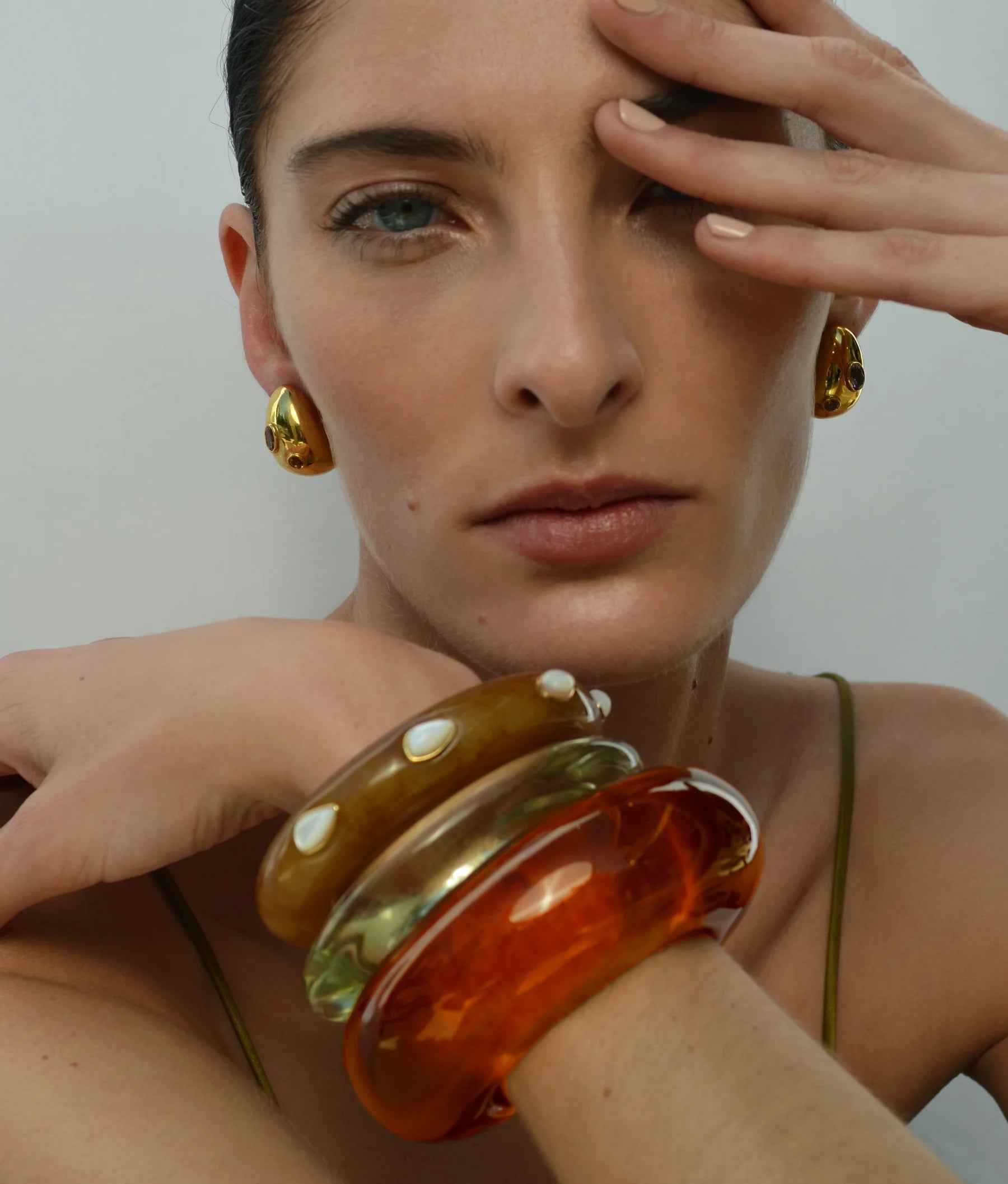 Lizzie Fortunato Mini Arp Earrings in Studded Gold | On Model Close Up