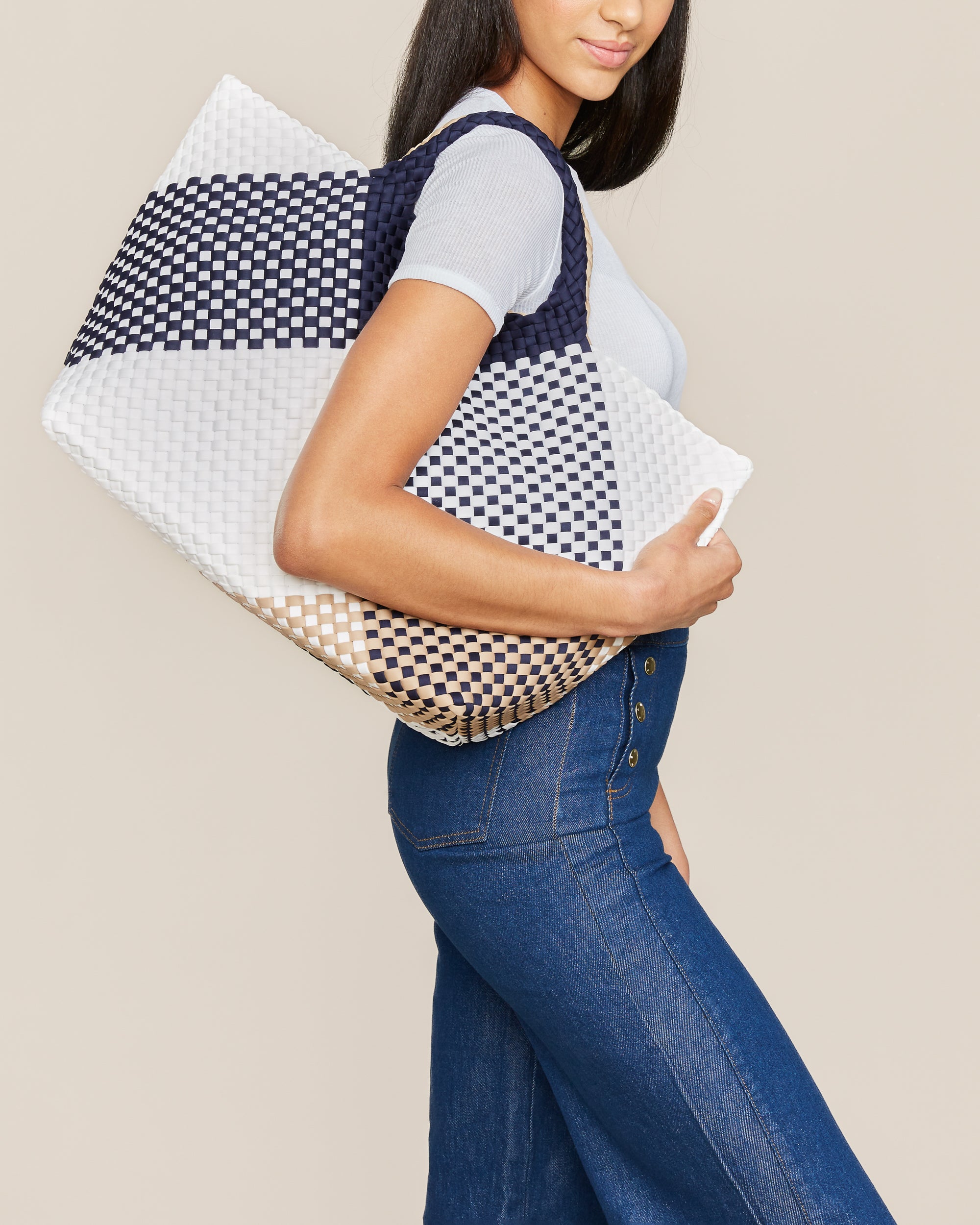 St. Barths Tote in Somerset shown on model to illustrate scale and soft silhouette.