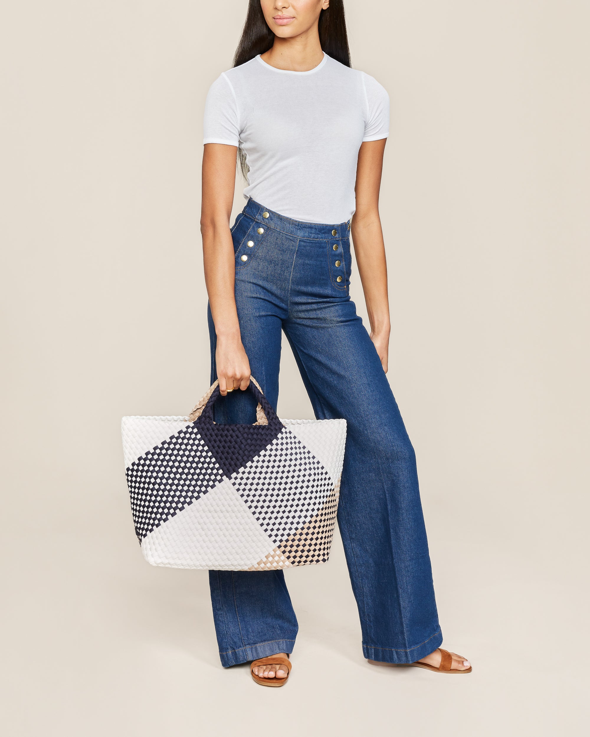 St. Barths Tote in Somerset shown on model to illustrate scale and soft silhouette.