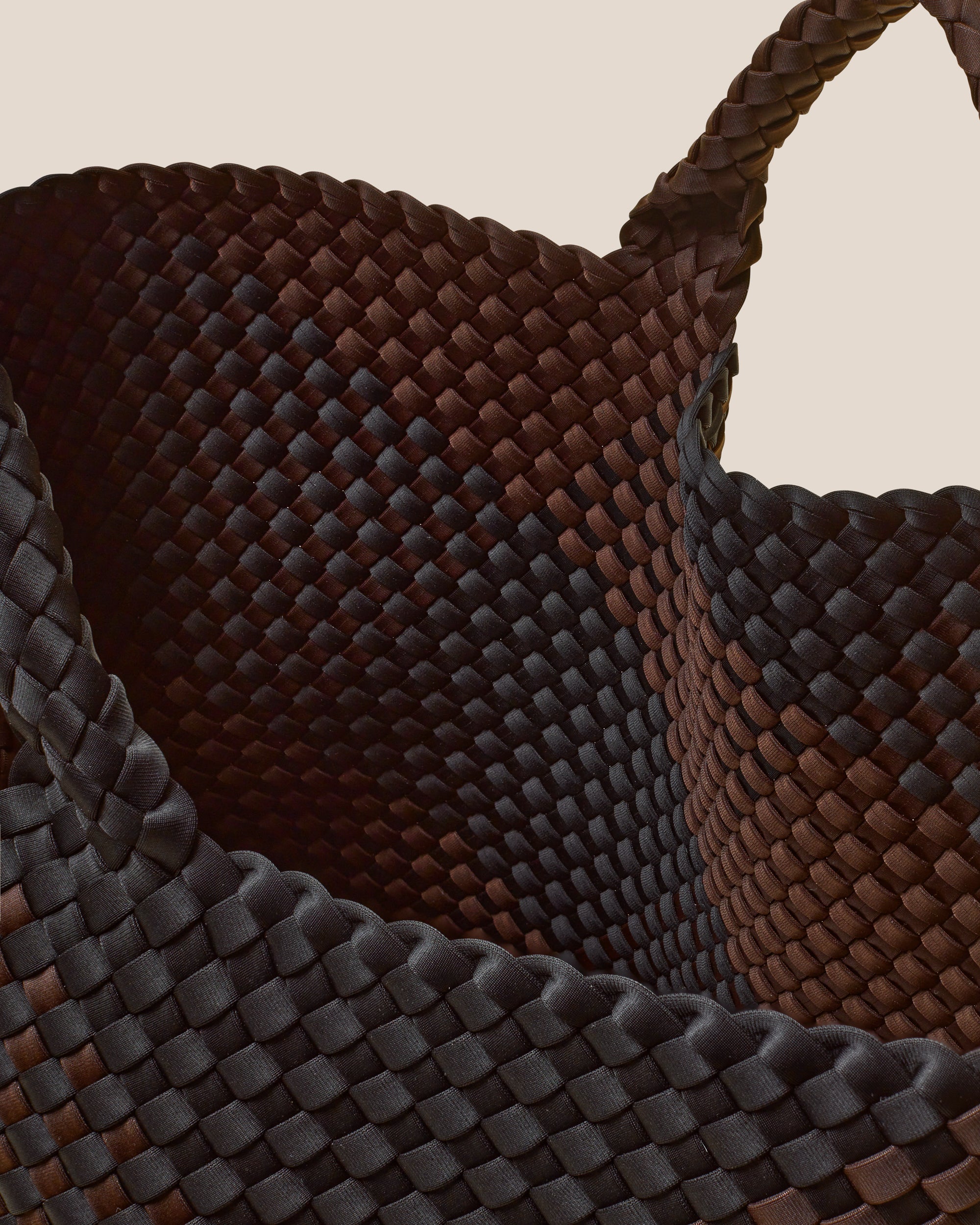 Interior close-up of St. Barths Tote in Siena showing its open top, and unlined interior.