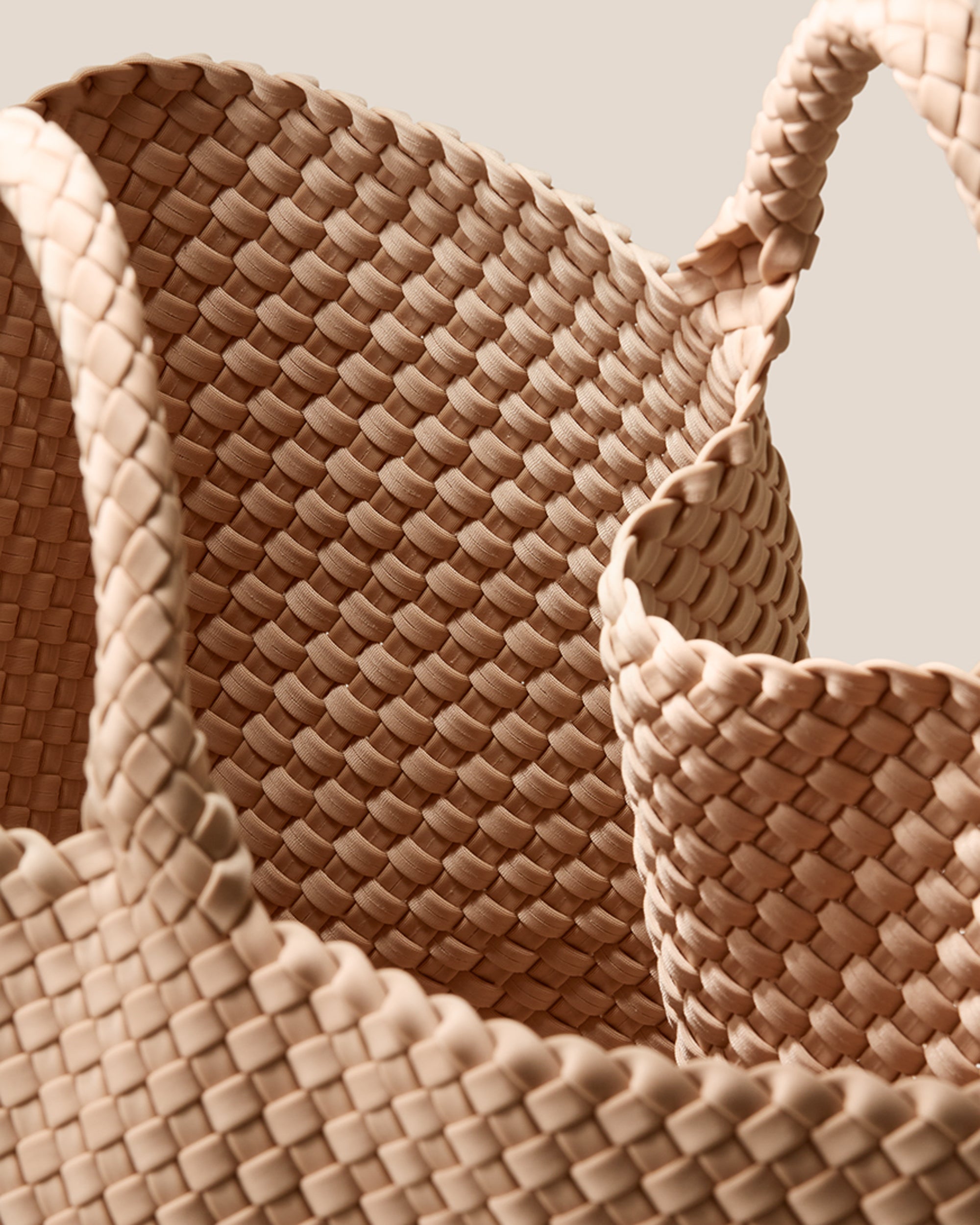 Interior close-up of St. Barths Tote in Camel showing its open top, and unlined interior.