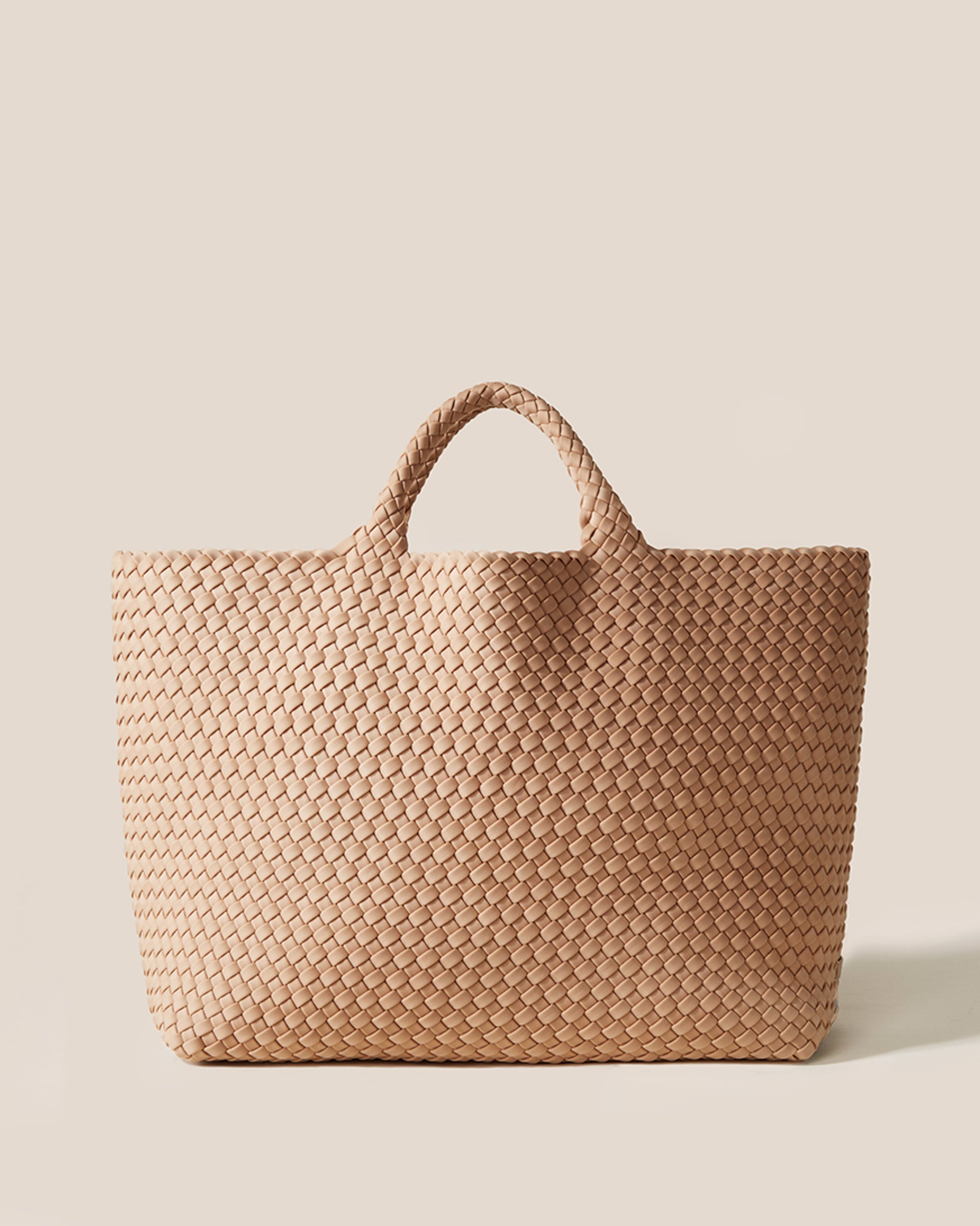 St. Barths Tote in Camel, a camel brown tone, in handwoven neoprene, featuring an open top, and woven top handles.