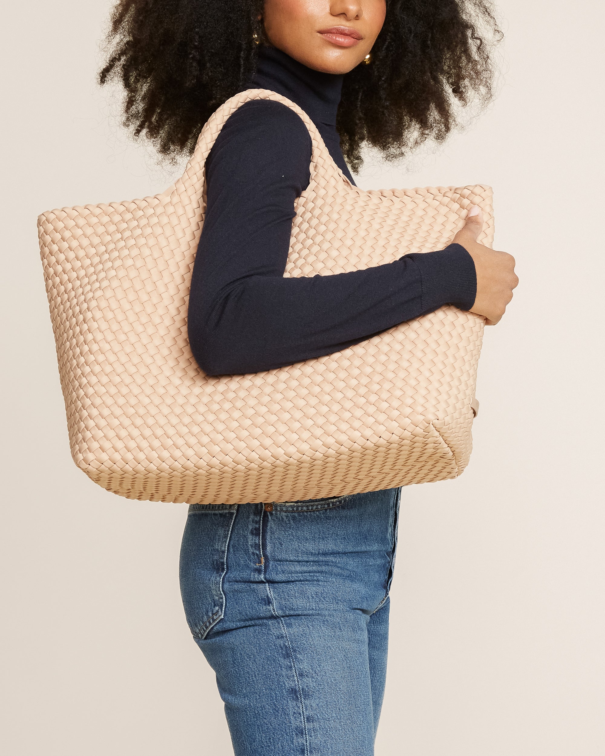 St. Barths Tote in Camel shown on model to illustrate scale and soft silhouette.