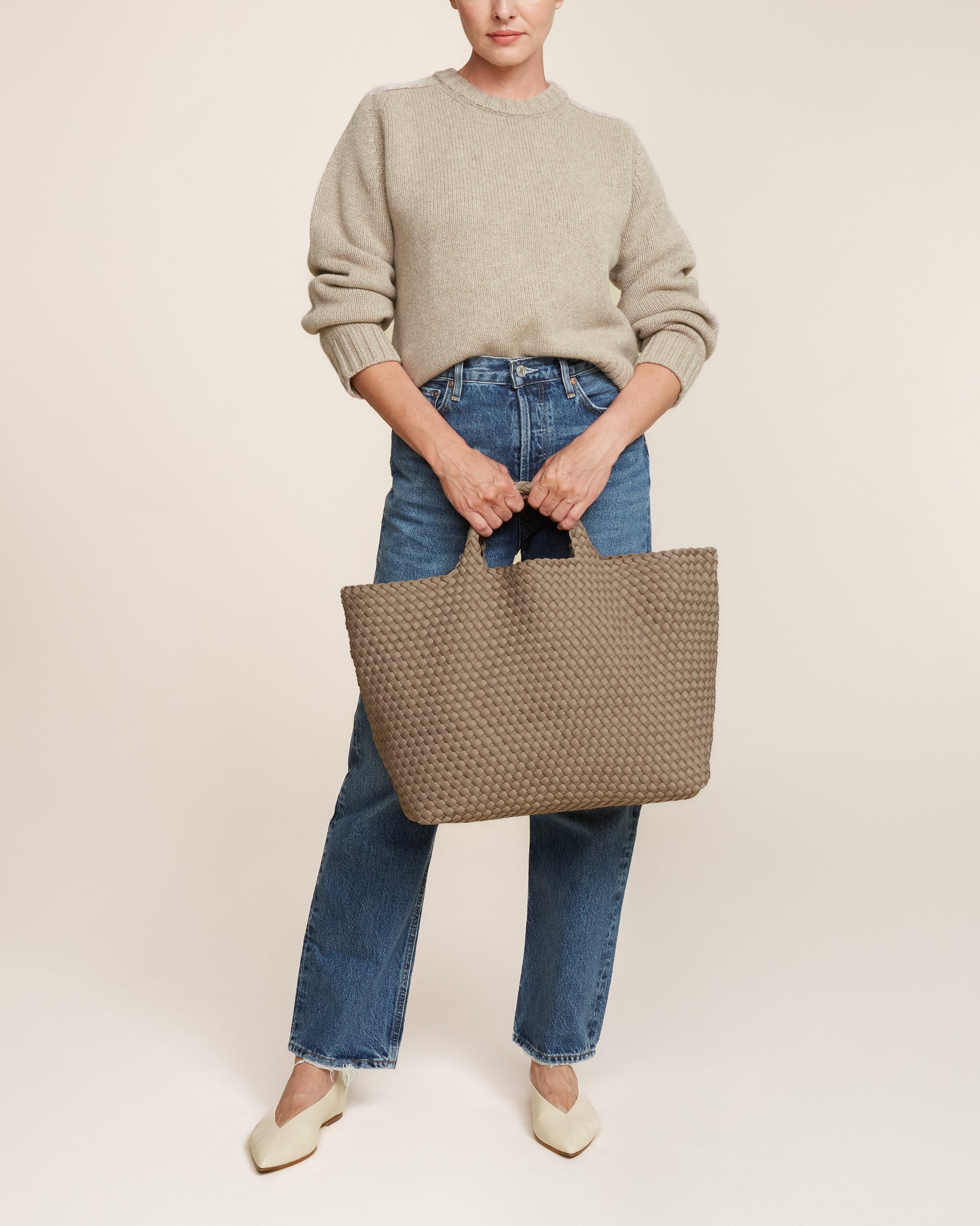 St. Barths Tote in Cashmere shown on model to illustrate scale and soft silhouette.