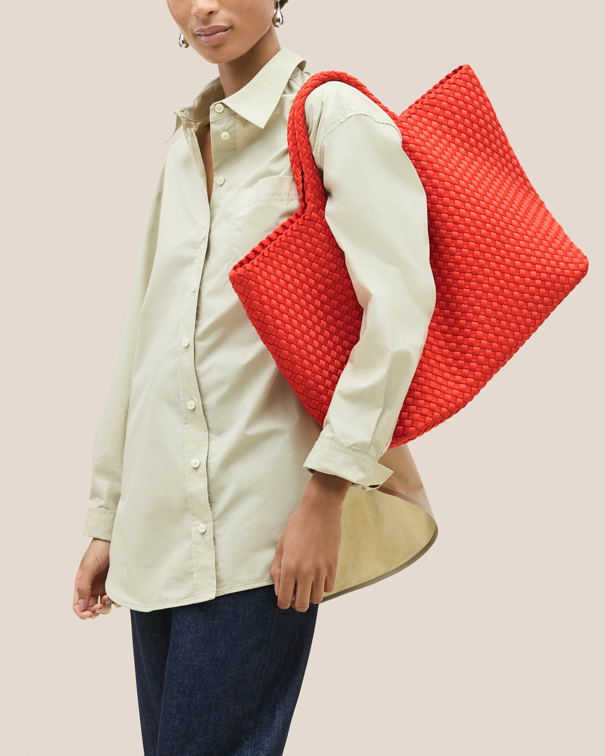 St. Barths Tote in Ipanema shown on model to illustrate scale and soft silhouette.