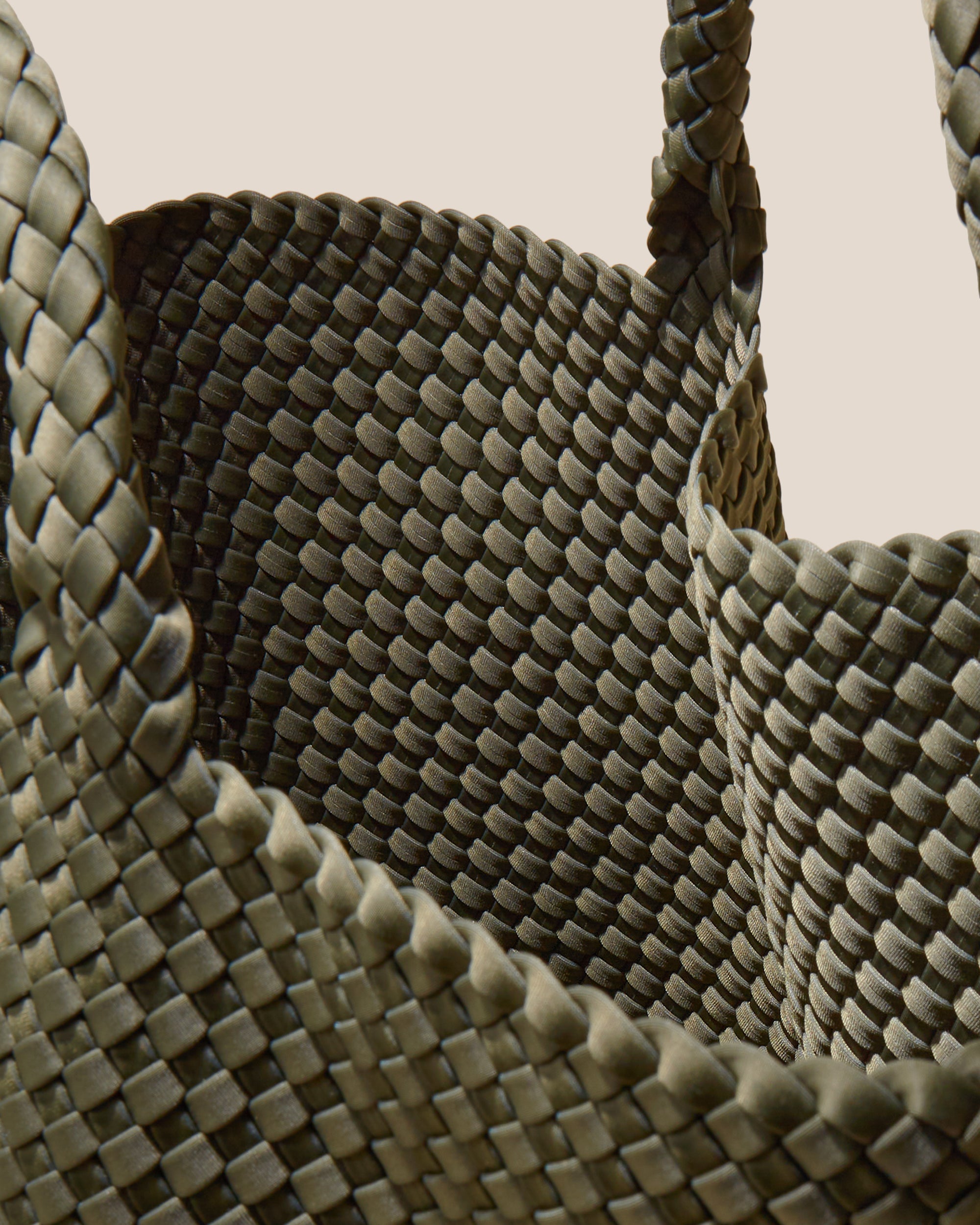 Interior close-up of St. Barths Tote in Olive showing its open top, and unlined interior.