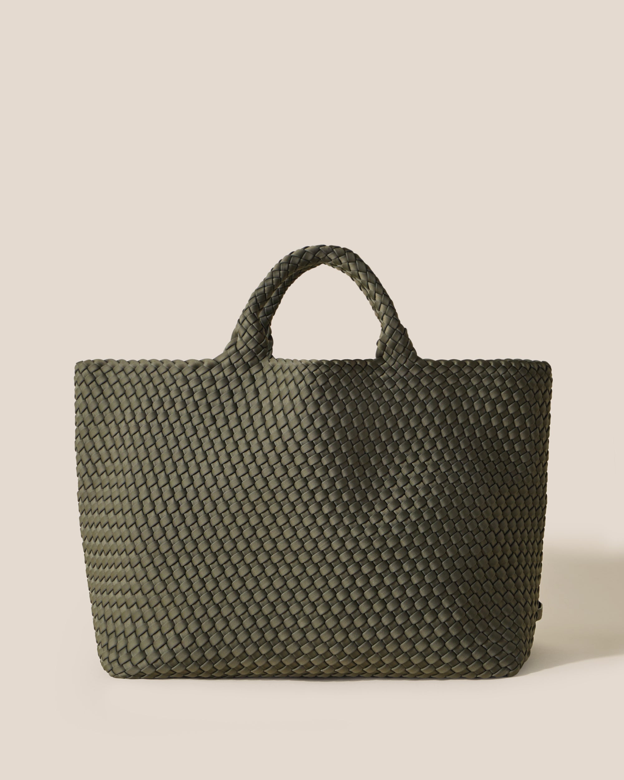 St. Barths Tote in Olive, an olive green tone, in handwoven neoprene, featuring an open top, and woven top handles.