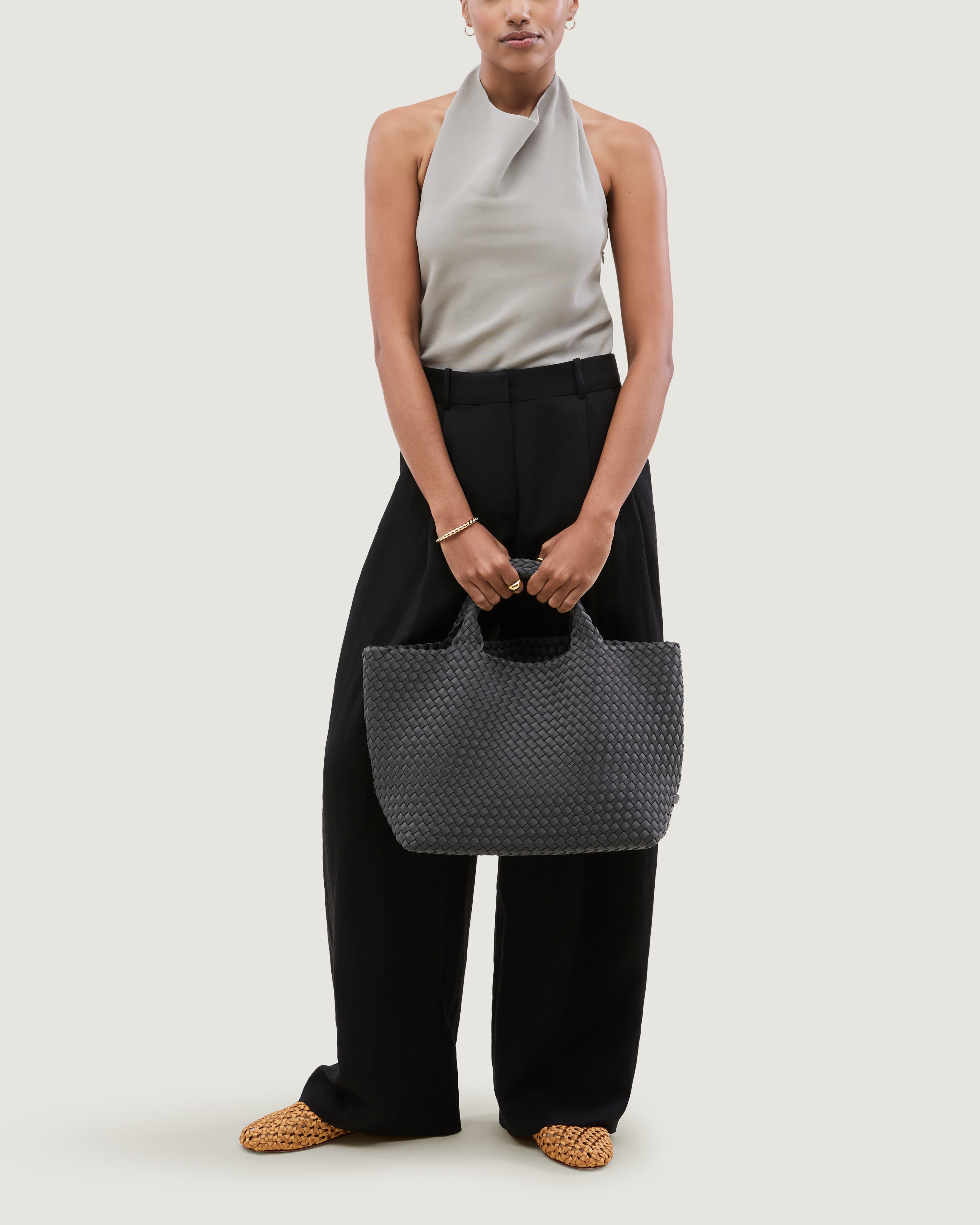 St. Barths Tote in Ash shown on model to illustrate scale and soft silhouette.