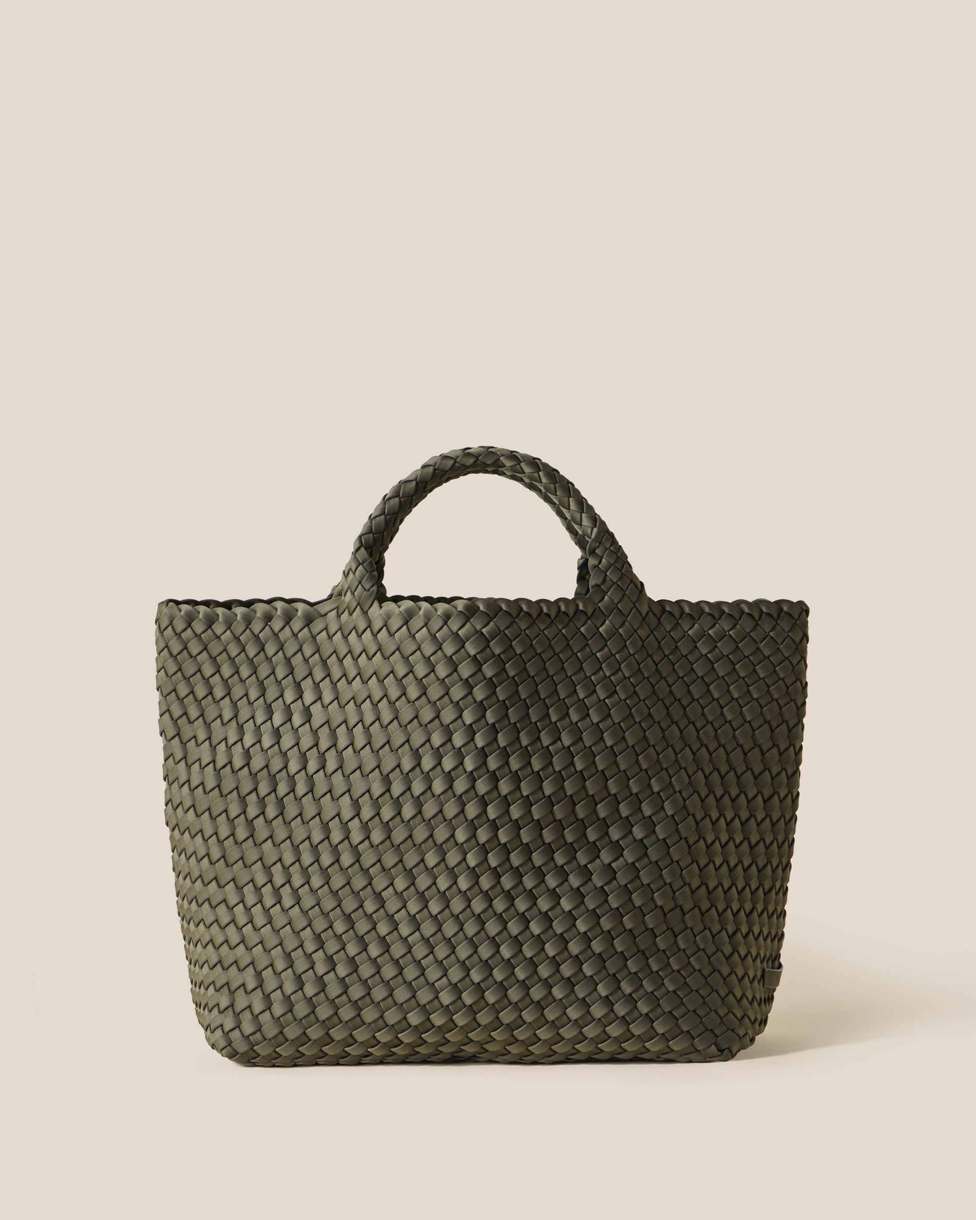 St. Barths Tote in Olive, an olive green tone, in handwoven neoprene, featuring an open top, and woven top handles.