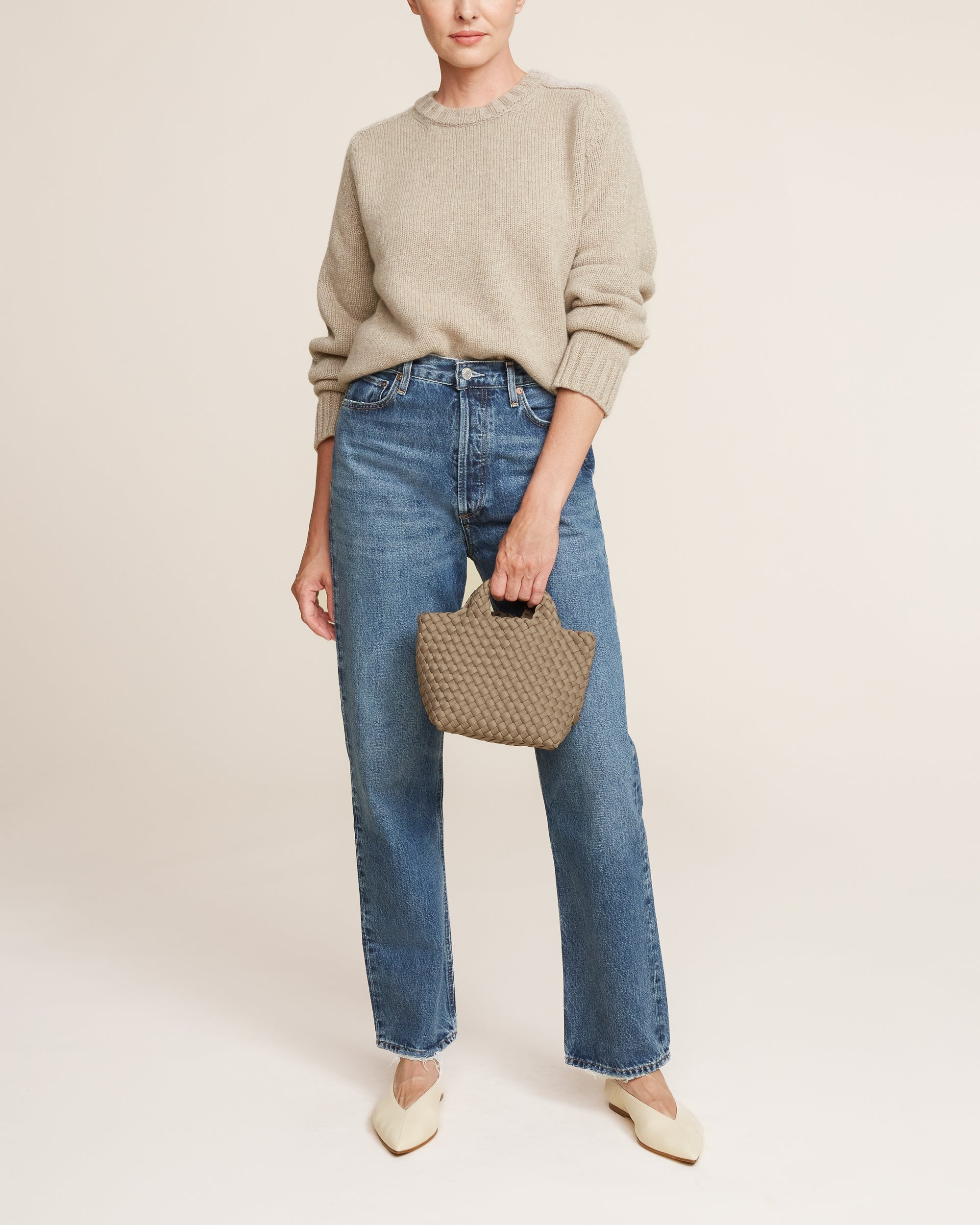 St. Barths Tote in Cashmere shown on model to illustrate scale and soft silhouette.