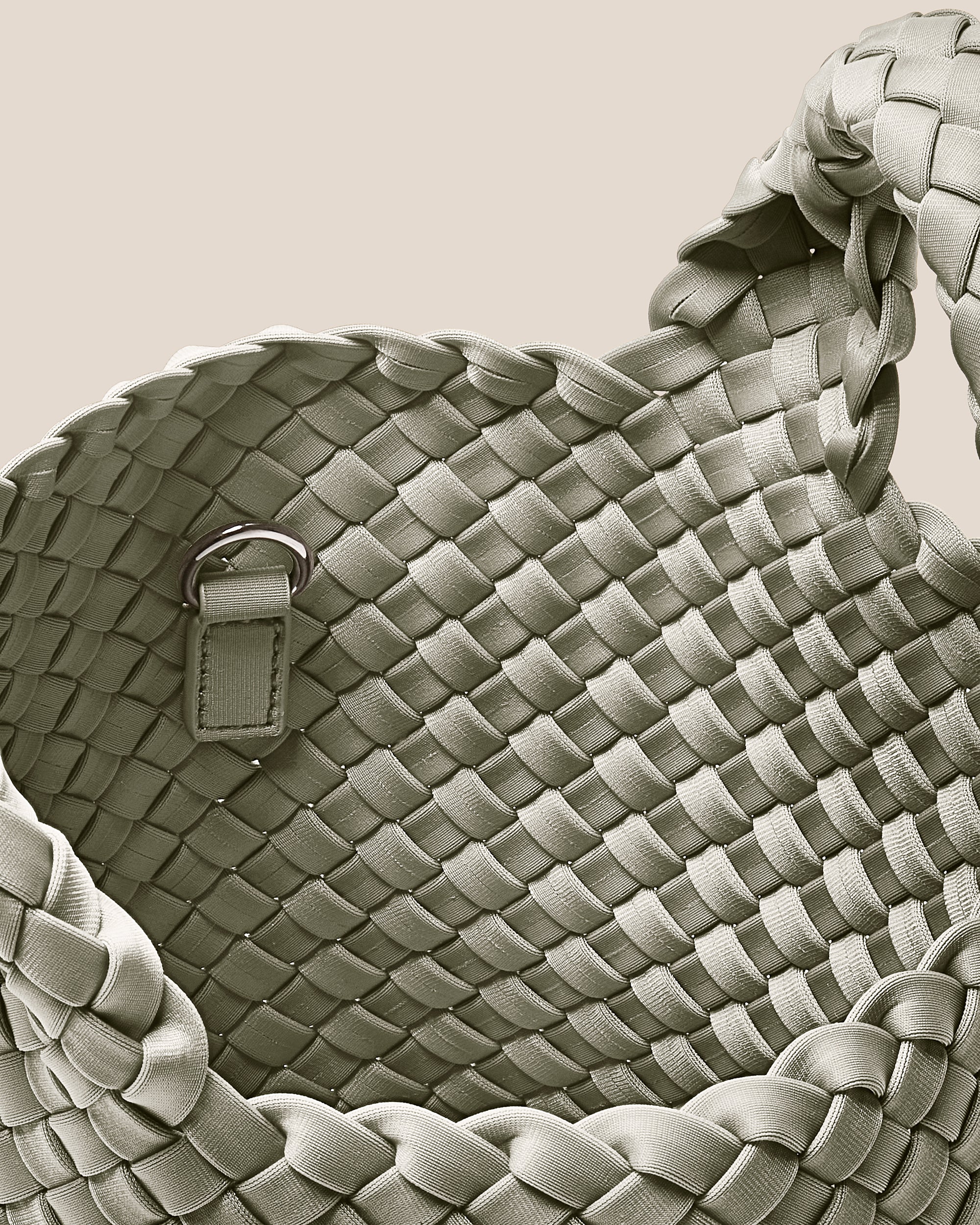 Interior close-up of St. Barths Tote in Celadon showing its open top, and unlined interior.