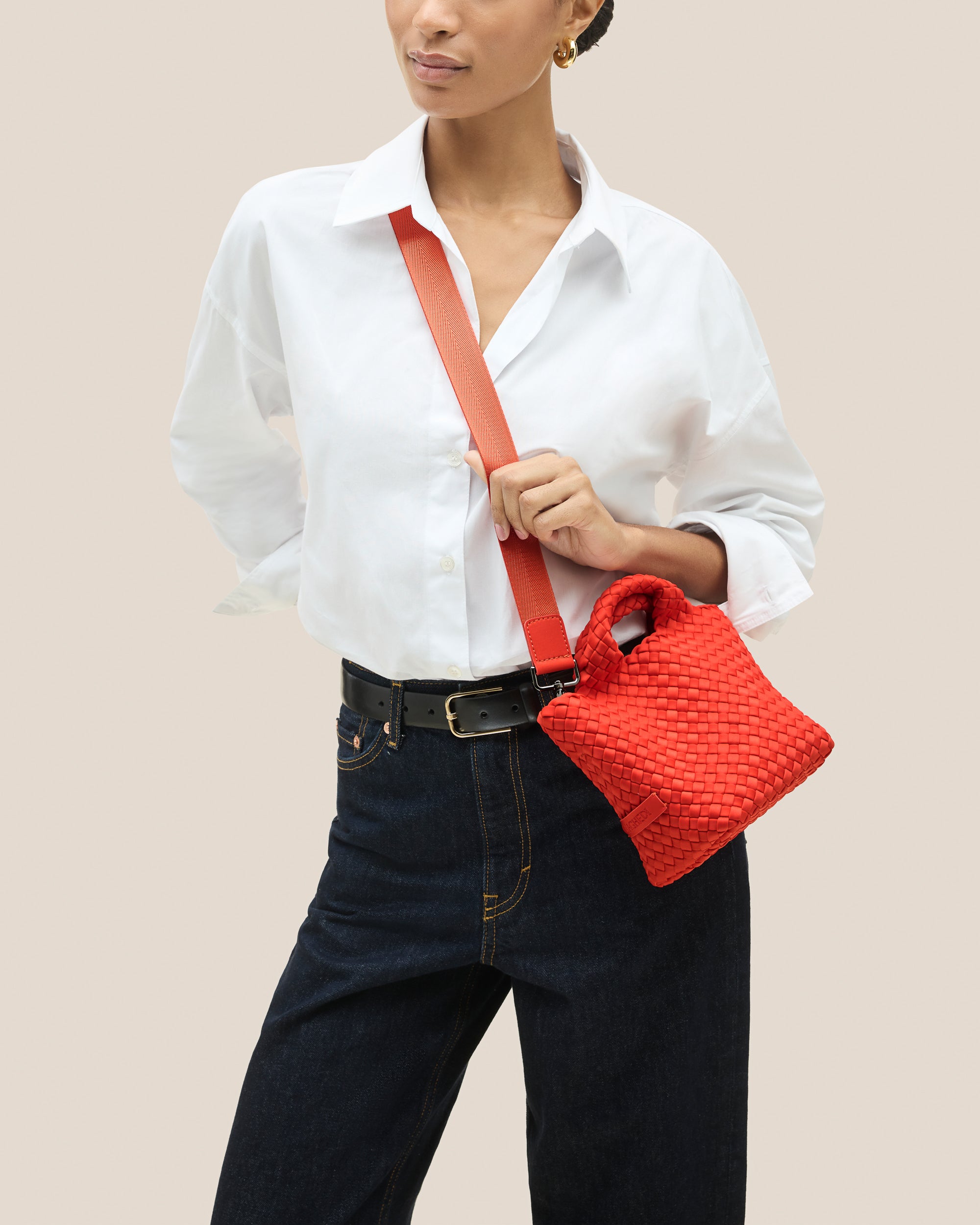 St. Barths Tote in Ipanema shown on model to illustrate scale and soft silhouette.