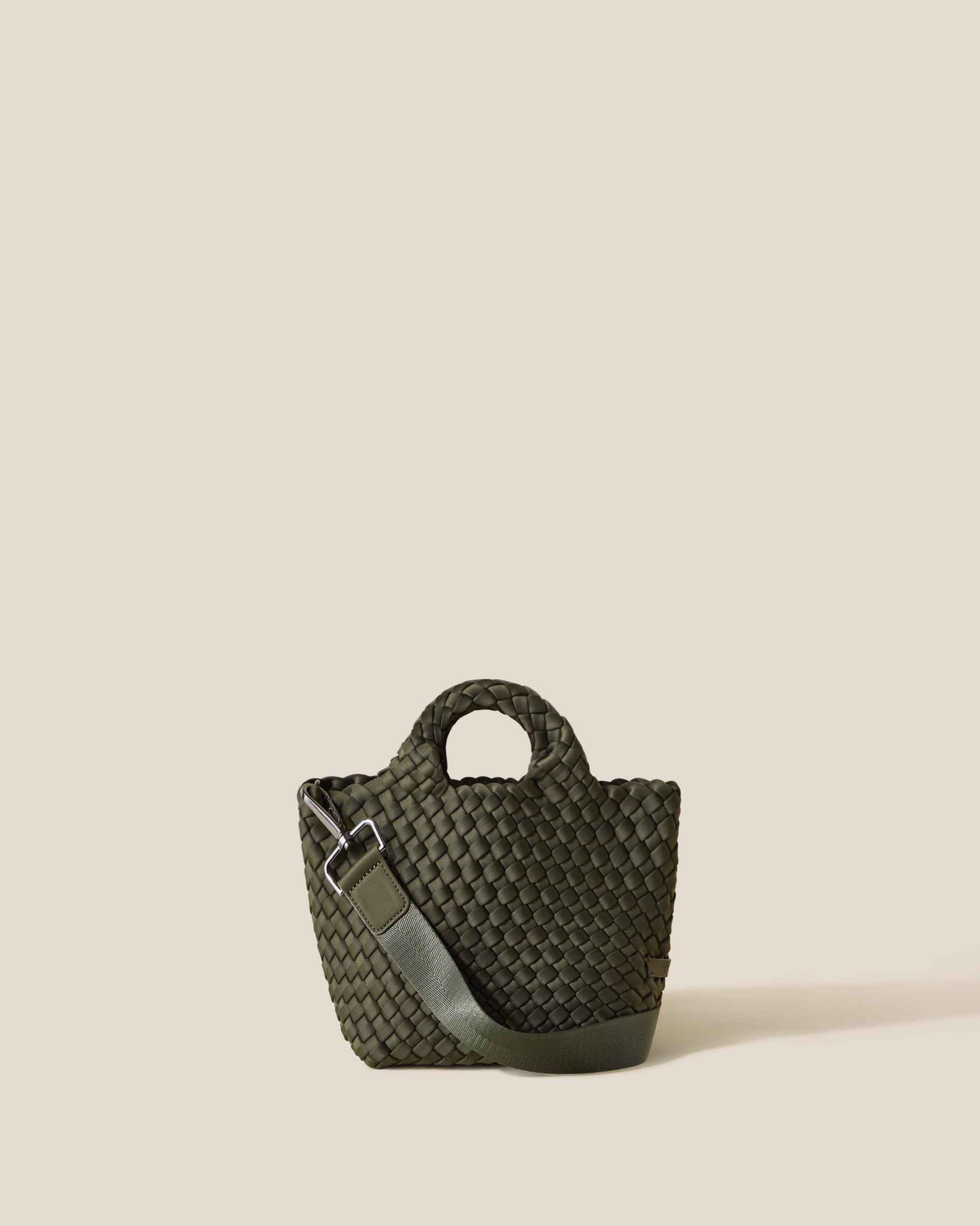 St. Barths Tote in Olive, an olive green tone, in handwoven neoprene, featuring an open top, woven top handles, and detachable, adjustable nylon crossbody strap.