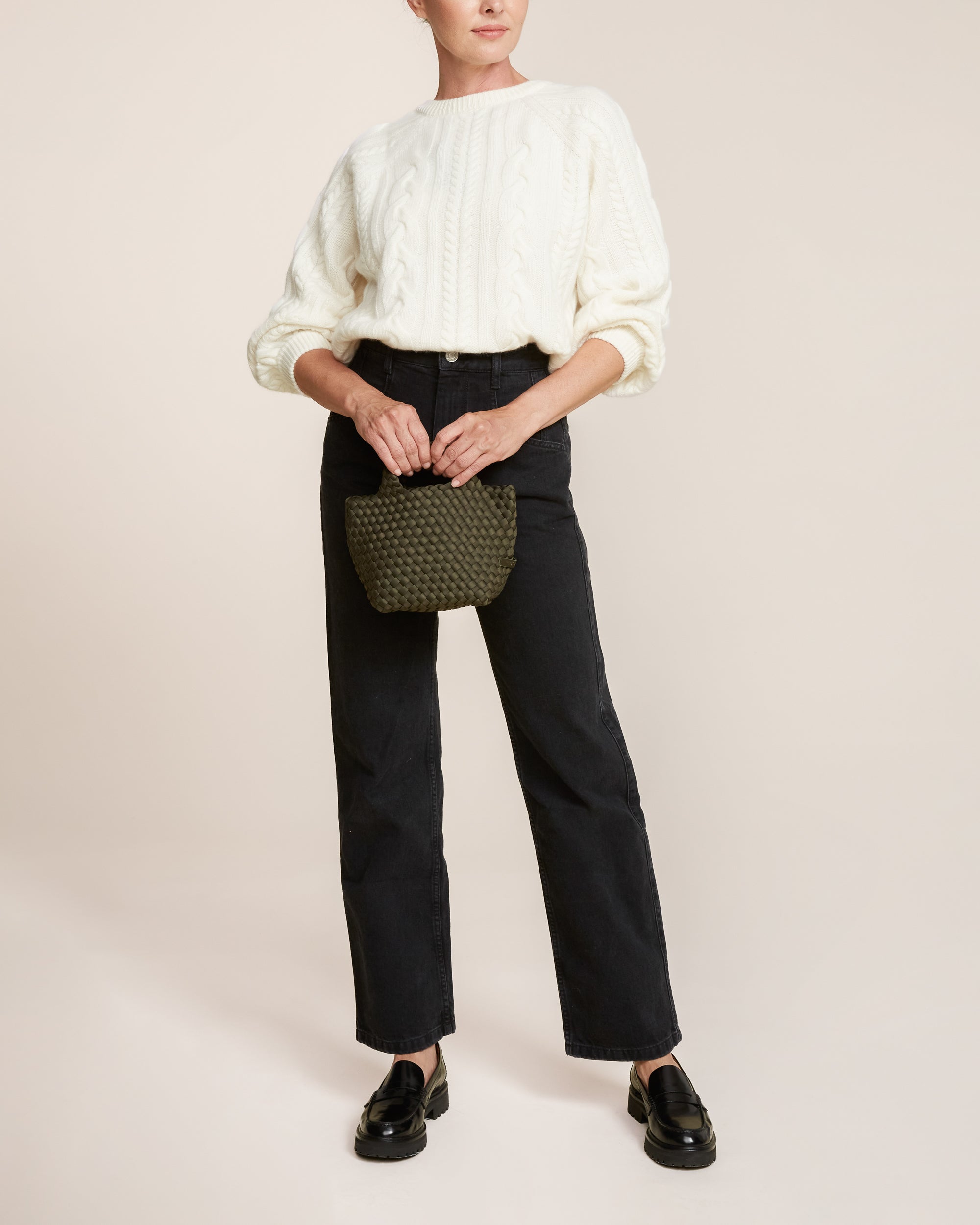 St. Barths Tote in Olive shown on model to illustrate scale and soft silhouette.