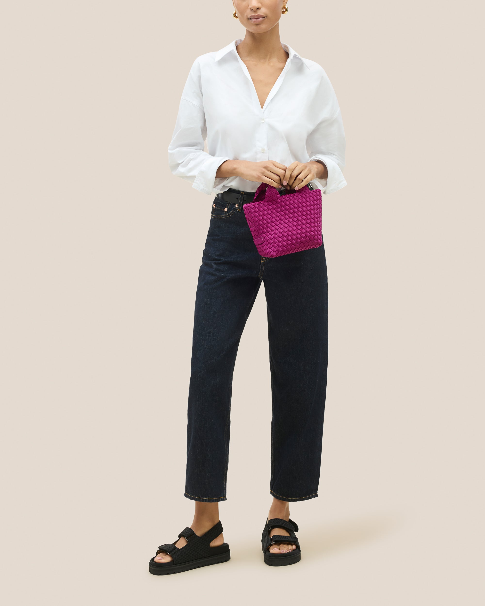 St. Barths Tote in Rio shown on model to illustrate scale and soft silhouette.