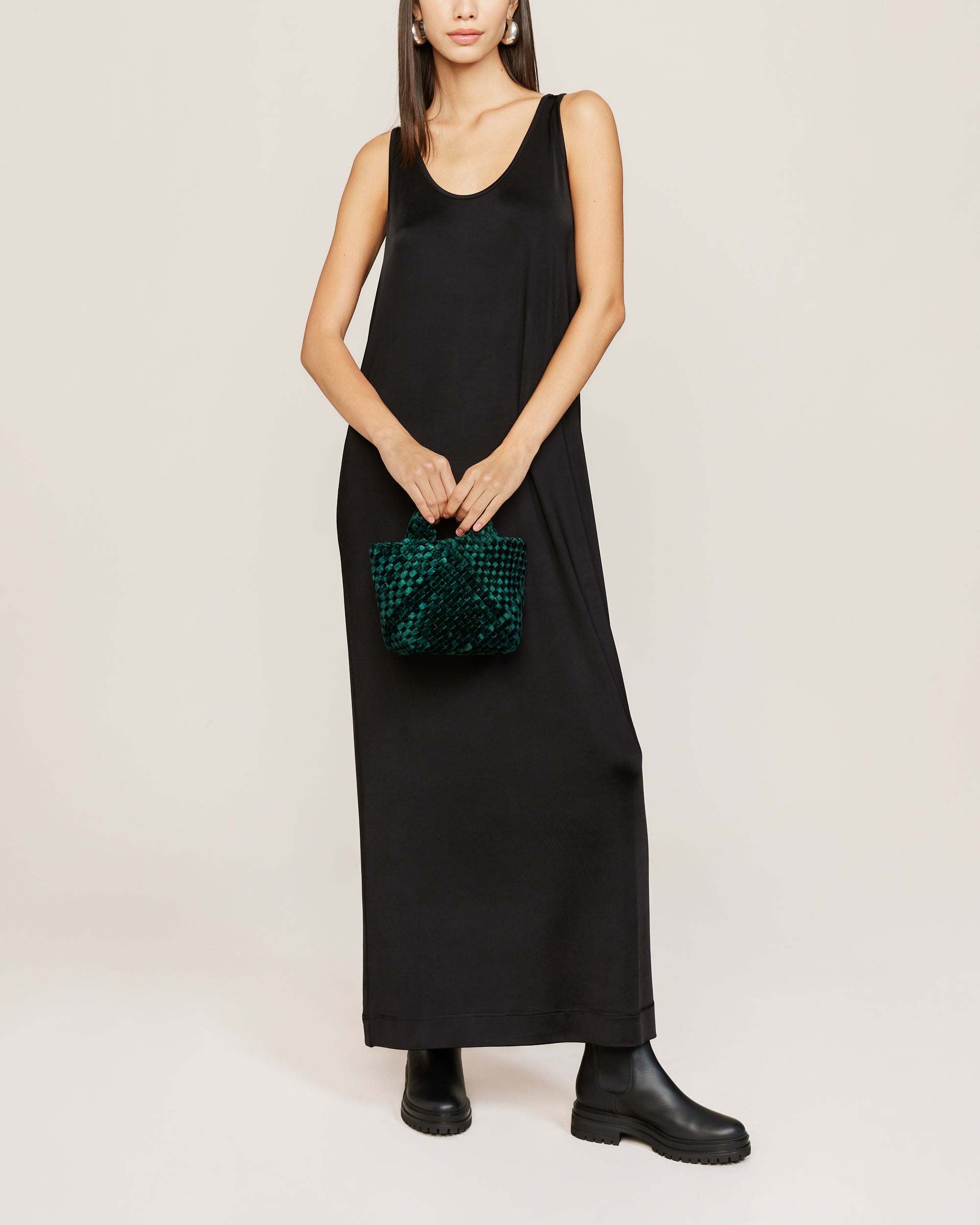 St. Barths Tote in Emerald shown on model to illustrate scale and soft silhouette.