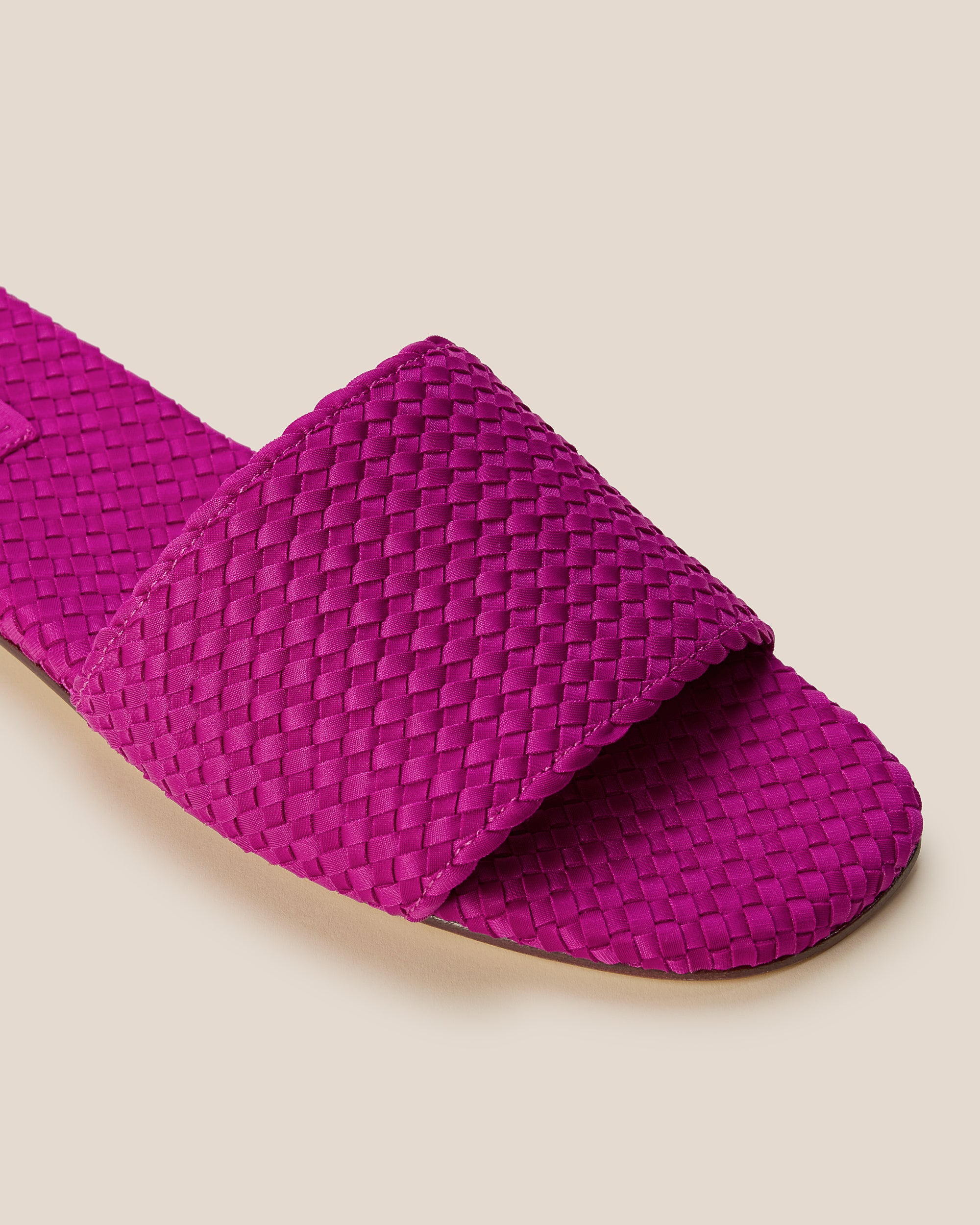Close-up of The St. Barths Slide in Rio showing its open toe and square silhouette.