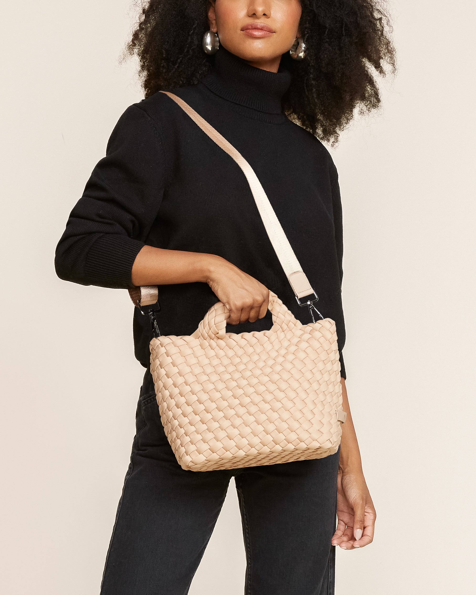 St. Barths Small Tote in Camel | On Model Close Up