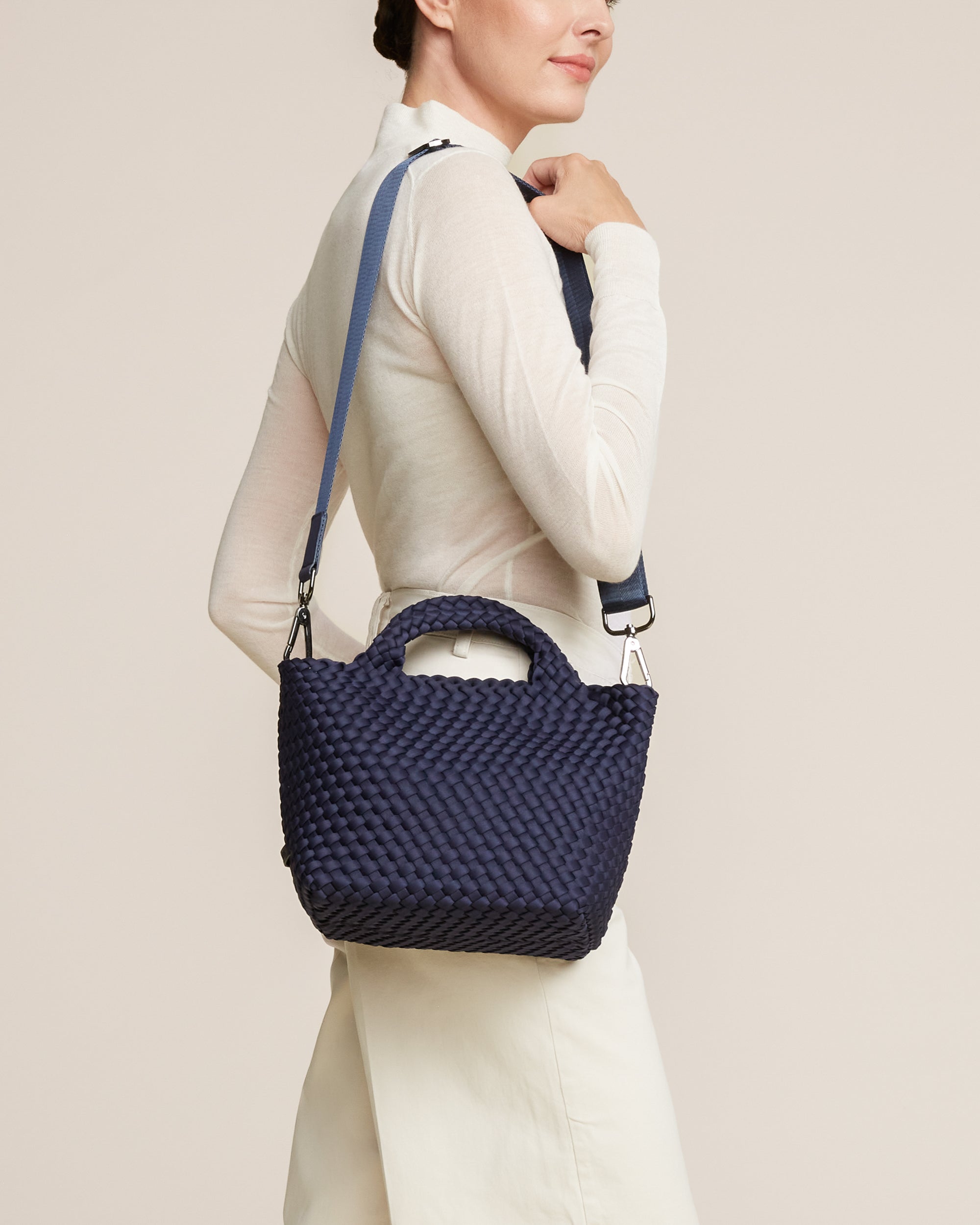 St. Barths Tote in Ink Blue shown on model to illustrate scale and soft silhouette.