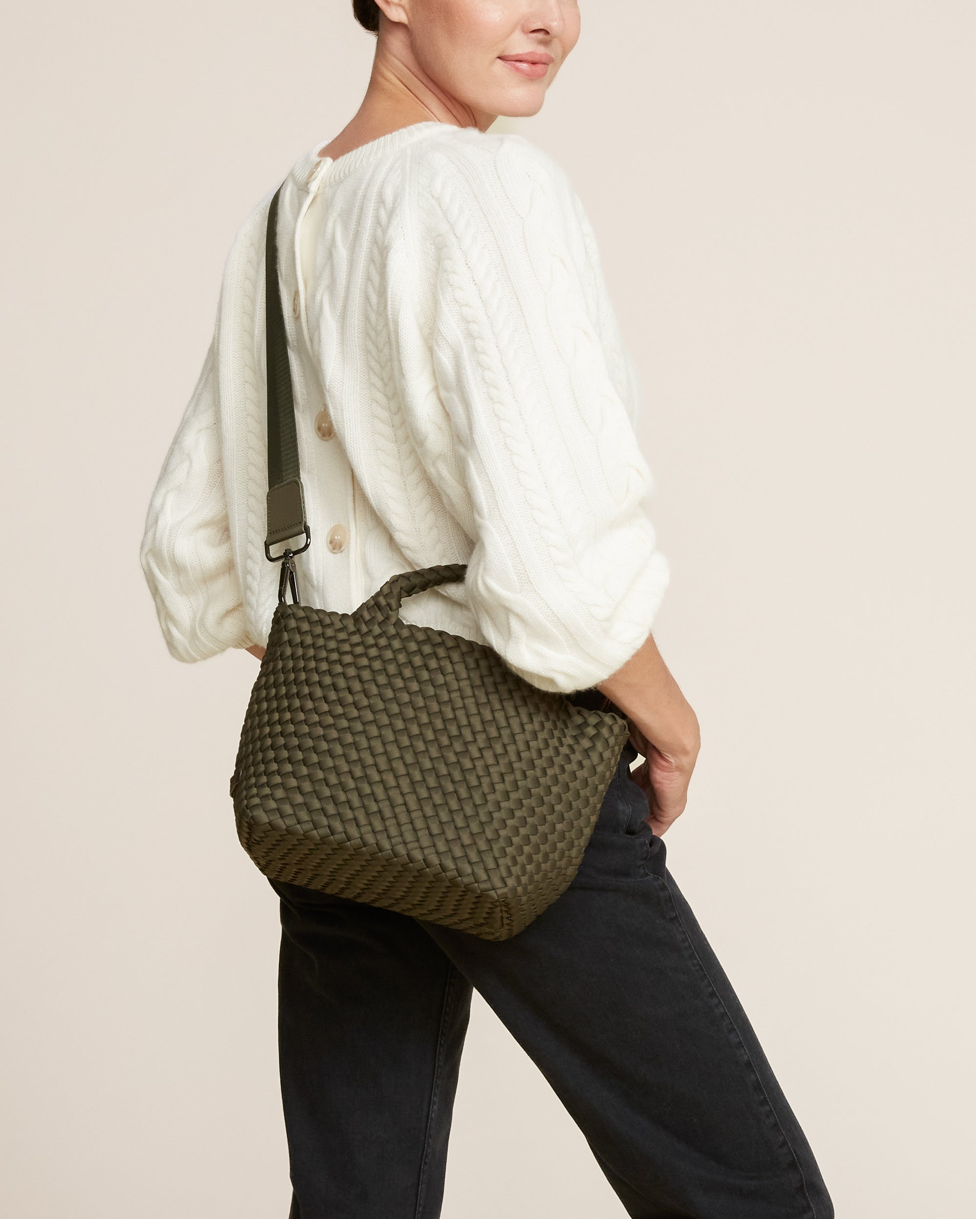 St. Barths Tote in Olive shown on model to illustrate scale and soft silhouette.
