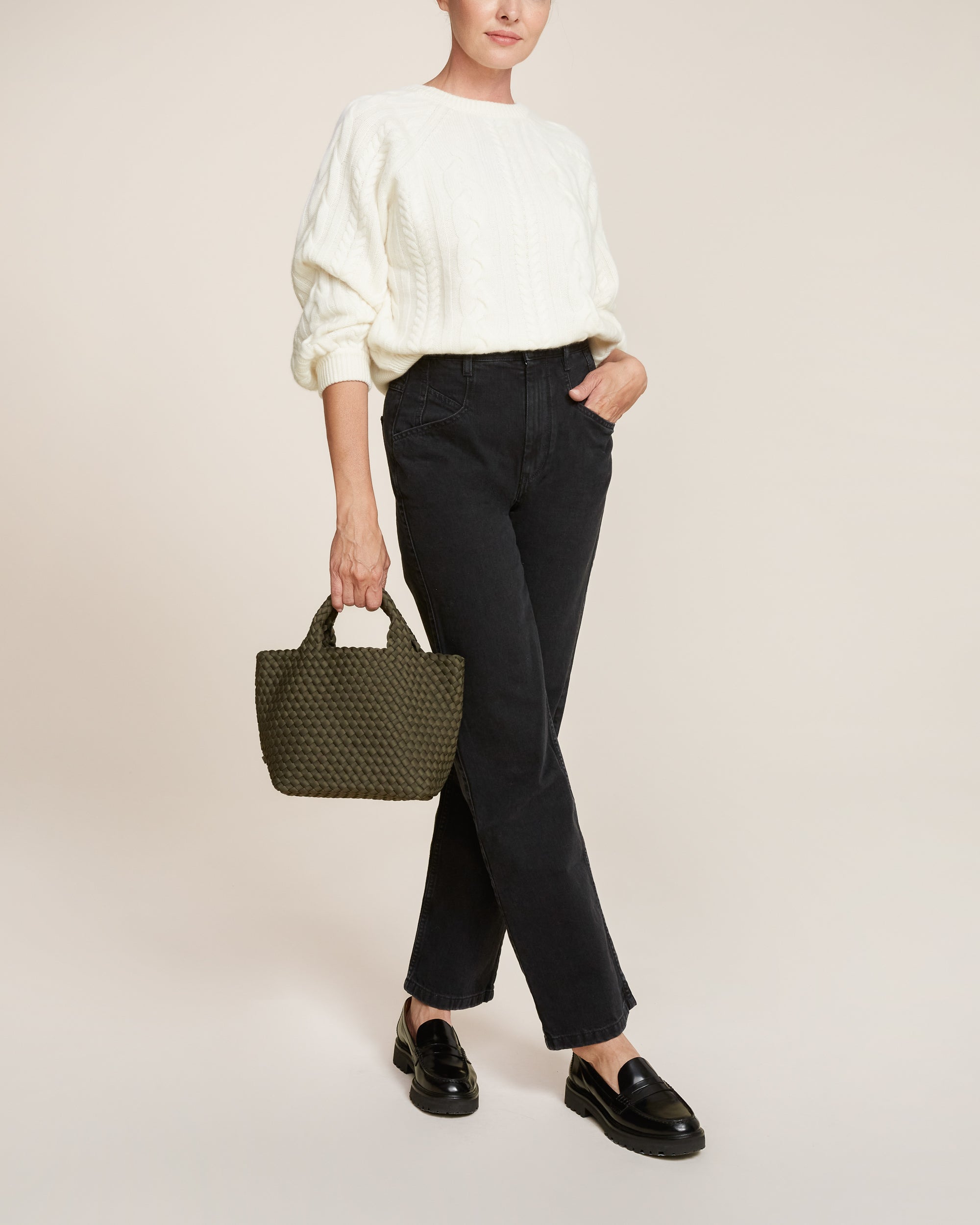 St. Barths Tote in Olive shown on model to illustrate scale and soft silhouette.