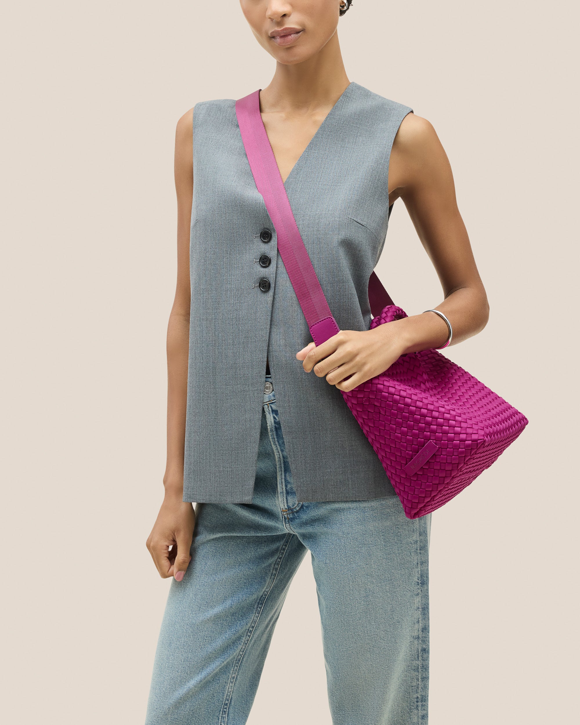 St. Barths Tote in Rio shown on model to illustrate scale and soft silhouette.