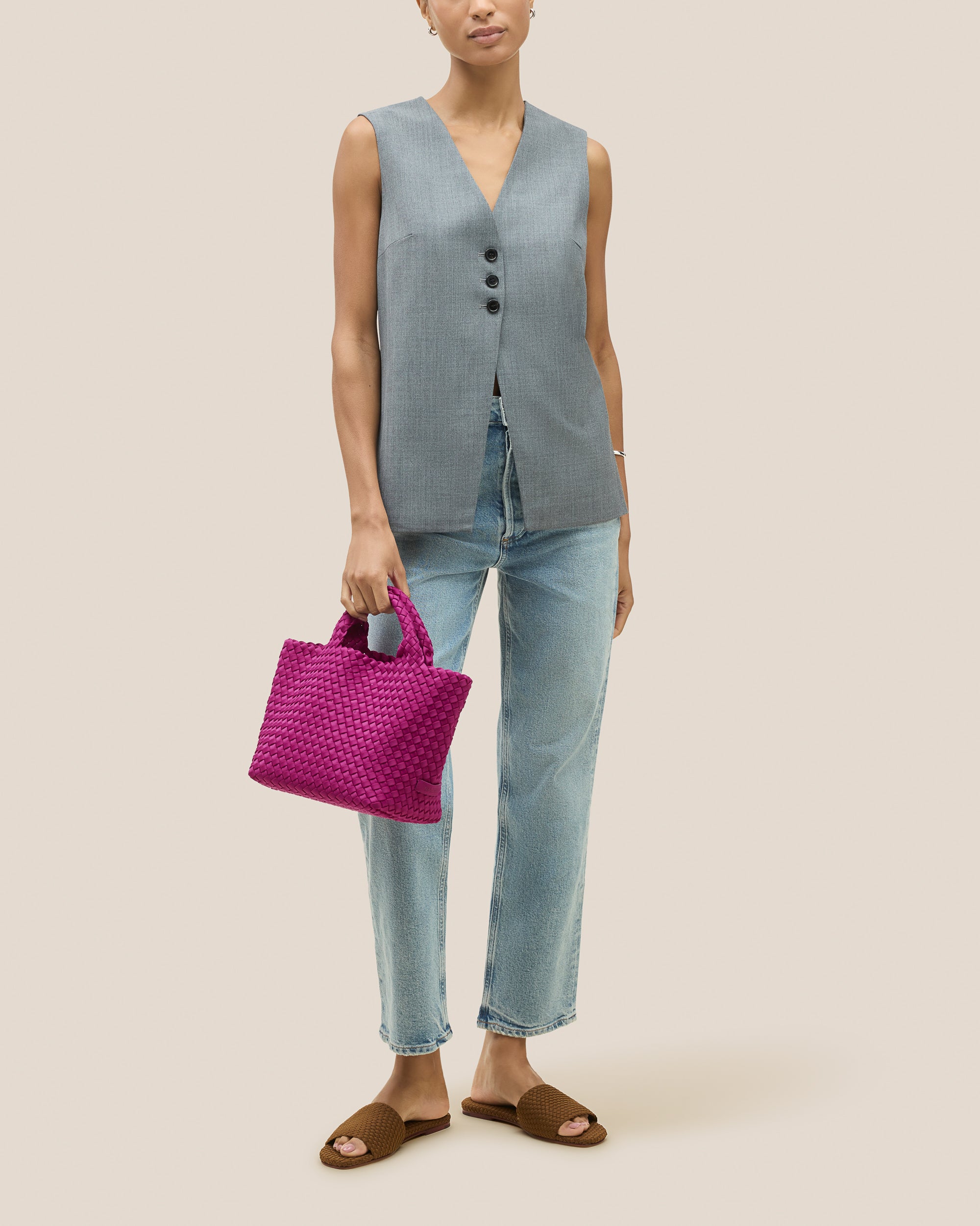 St. Barths Tote in Rio shown on model to illustrate scale and soft silhouette.