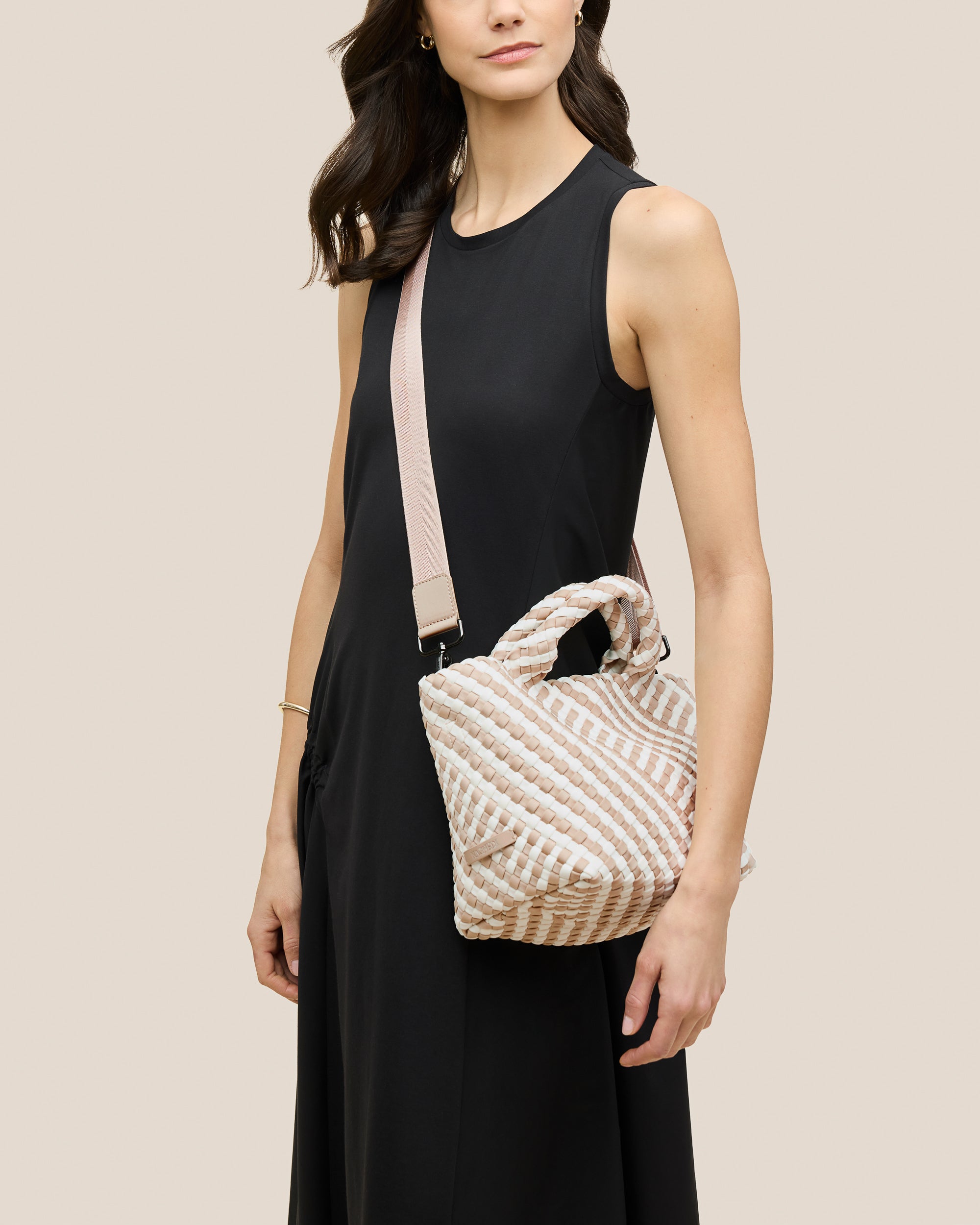 St. Barths Tote in Mykonos shown on model to illustrate scale and soft silhouette.