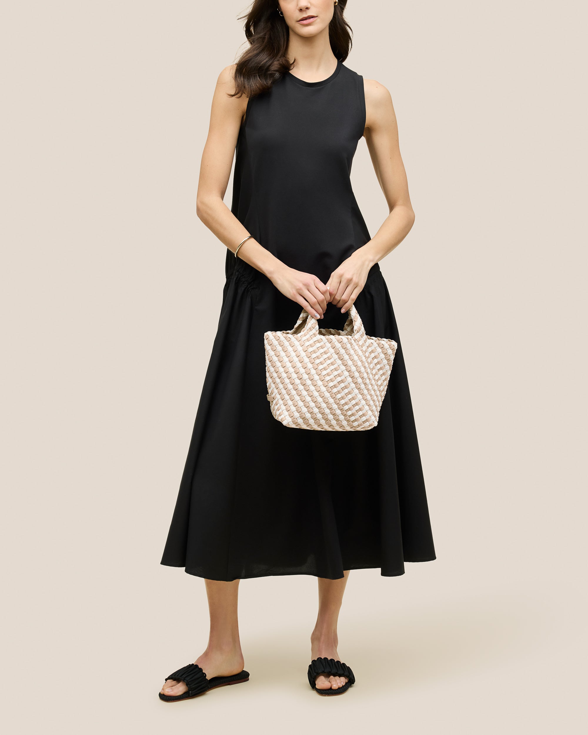 St. Barths Tote in Mykonos shown on model to illustrate scale and soft silhouette.