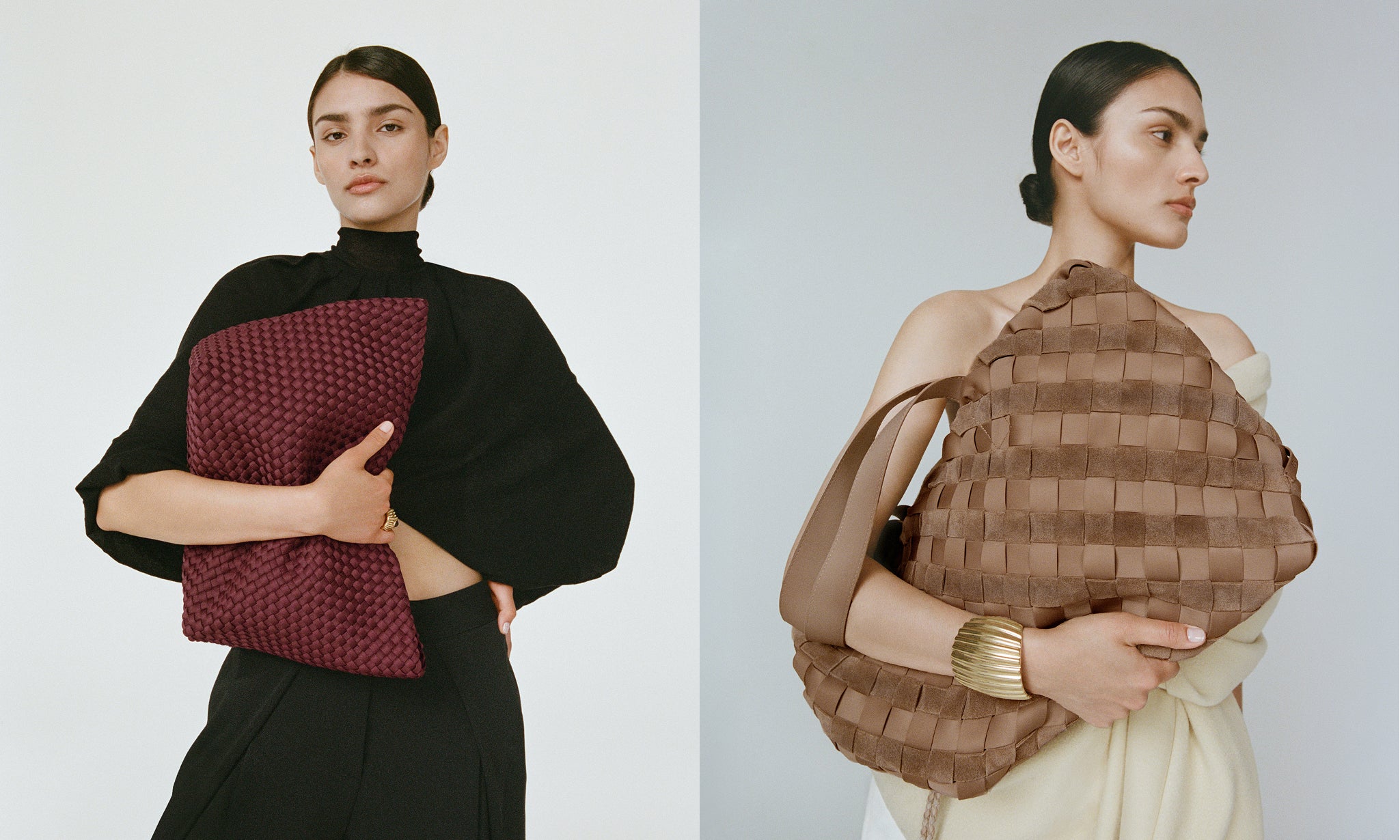 Two models are shown side-by-side, each holding a large woven shoulder bag in a different color. The left model holds a burgundy Medium St. Barths tote and the right model holds the Como Medium Neoprene and Suede bag over her shoulder.