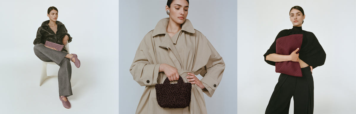 Three fashion models shown in a triptych studio layout, each holding a different colored handwoven textured  lavender, chocolate brown, or burgundy clutch or handbag. 