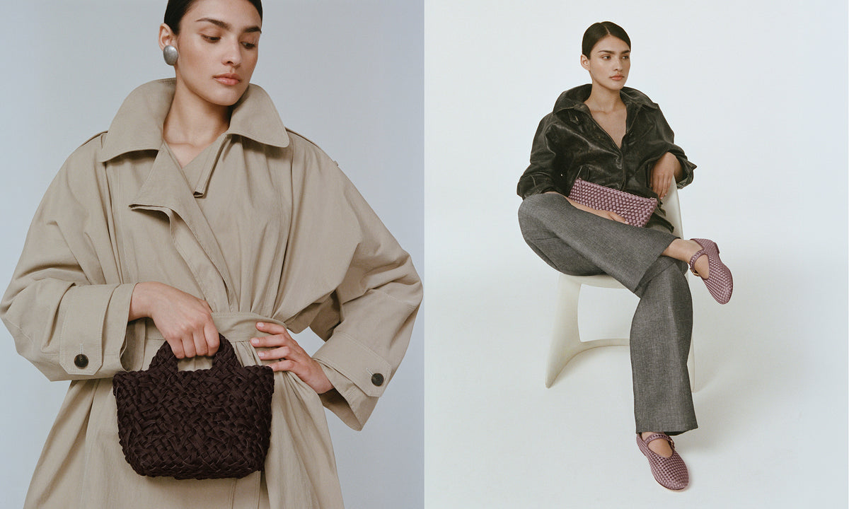 A split-screen image showing a model in two outfits. On the left, she wears an oversized beige trench coat and holds a dark brown textured handwoven neoprene St. Baths Petit handbag. On the right she's holding a Lavender handwoven satin Gala Clutch and satin lavender colored flats.