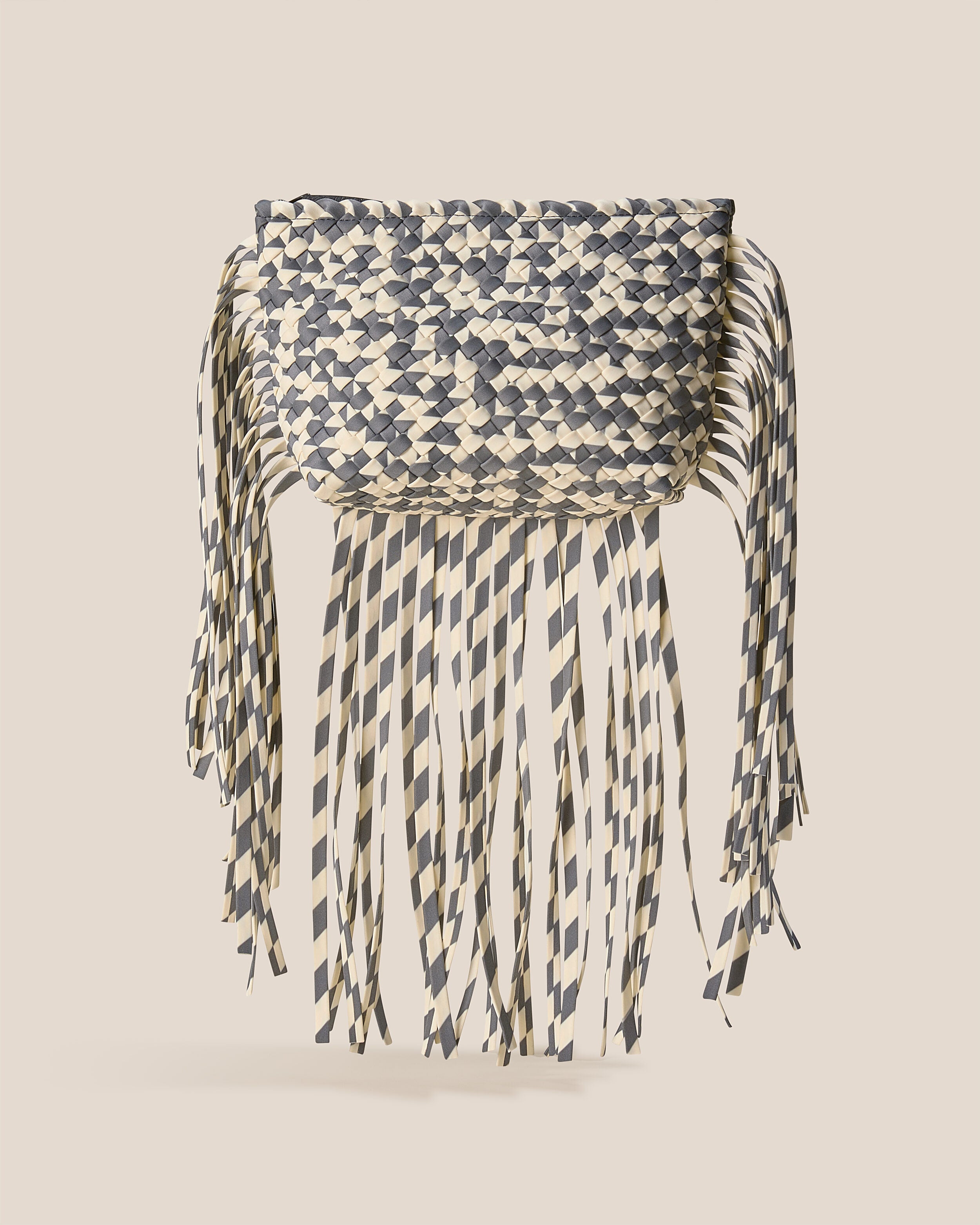 Antibes Clutch in Abalone, a bone and gray tone, in handwoven neoprene, featuring a zip closure with gunmental hardware.