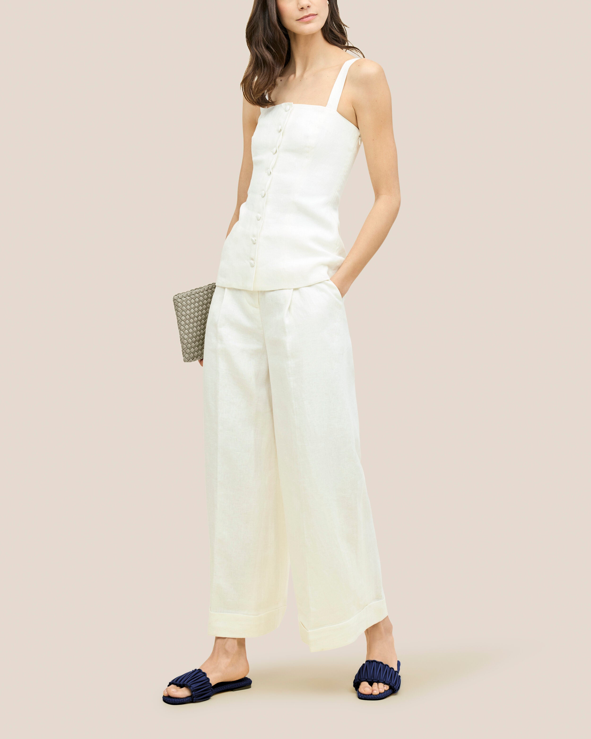 The Athens Slide in Ink Blue shown on model.