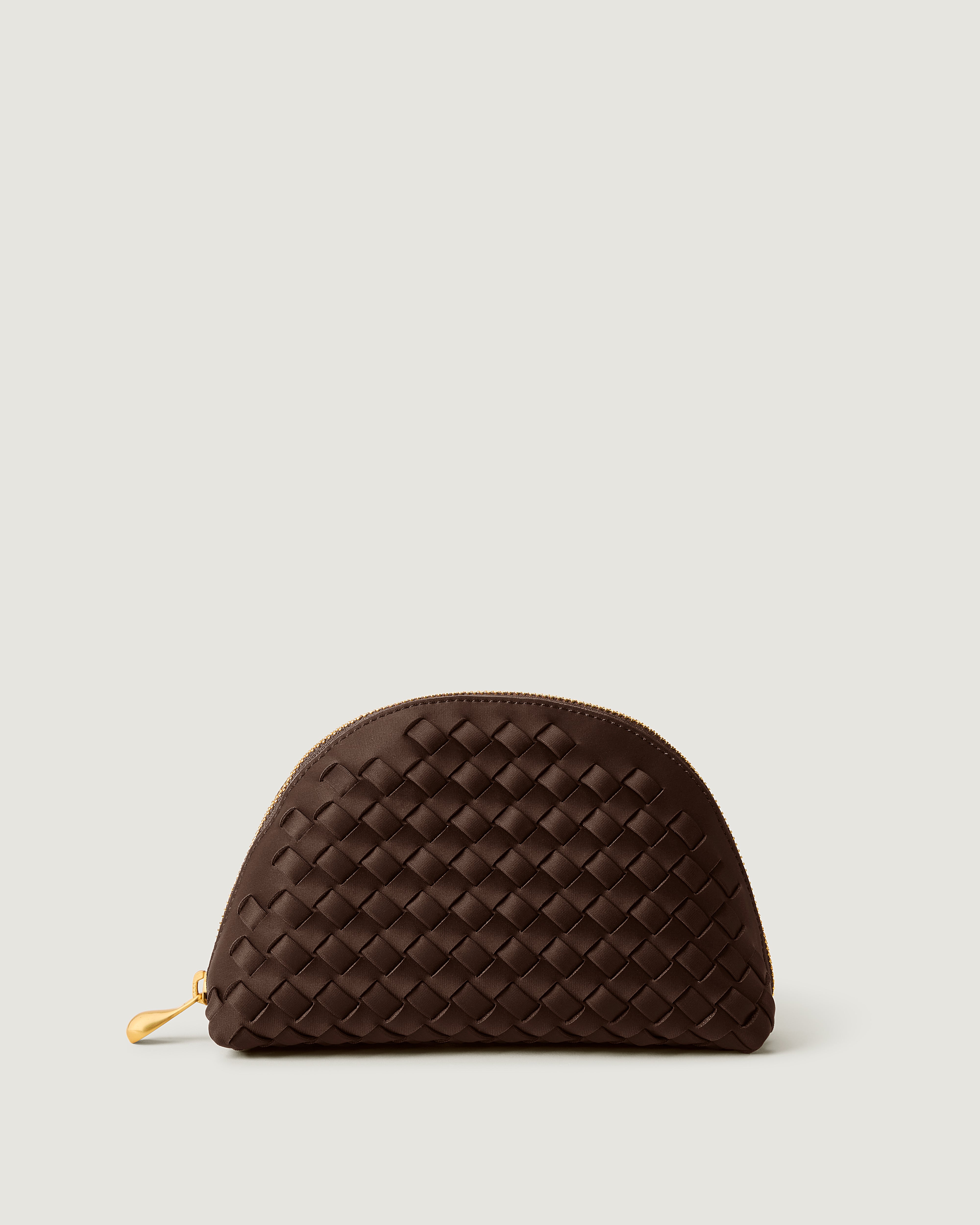 Atlas Cosmetic Case in Chocolate, a rich brown tone, in handwoven neoprene, featuring a wrap-around zip closure.