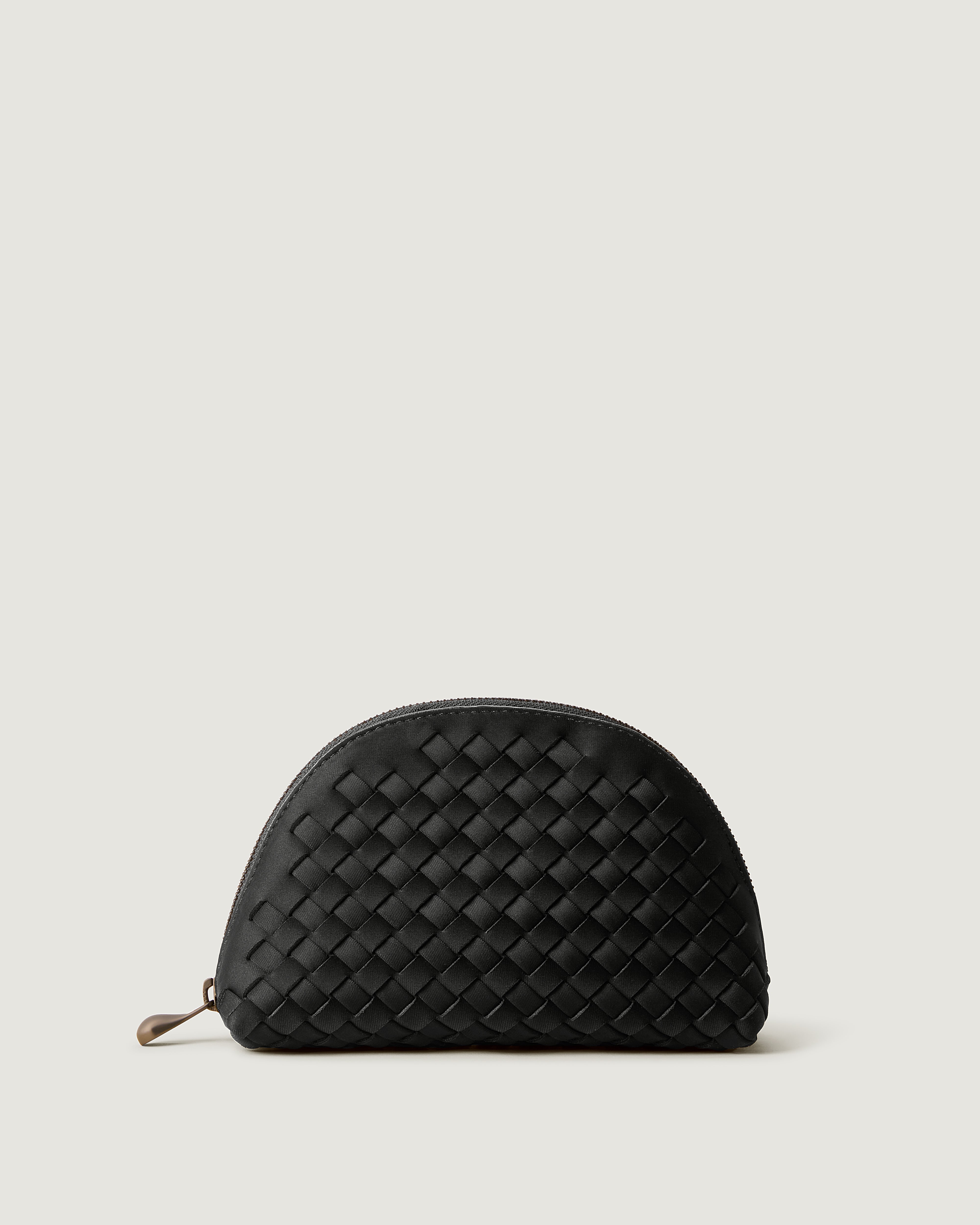 Atlas Cosmetic Case in Onyx, a true black tone, in handwoven neoprene, featuring a wrap-around zip closure.