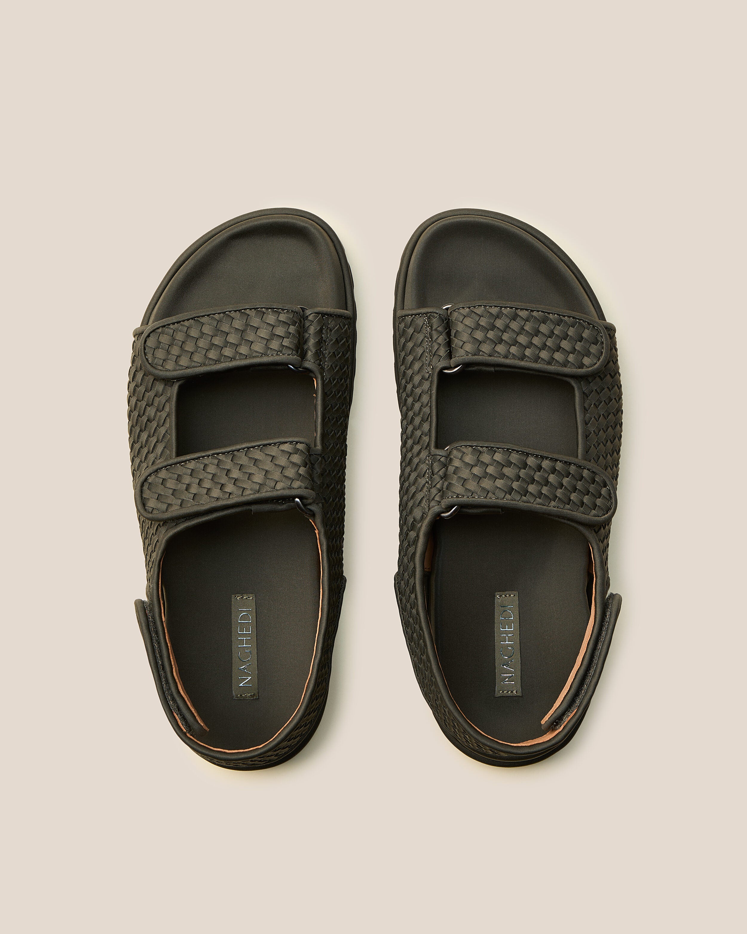 Top view of pair of The Catalina Sandal in Olive showing the molded neoprene footbed.