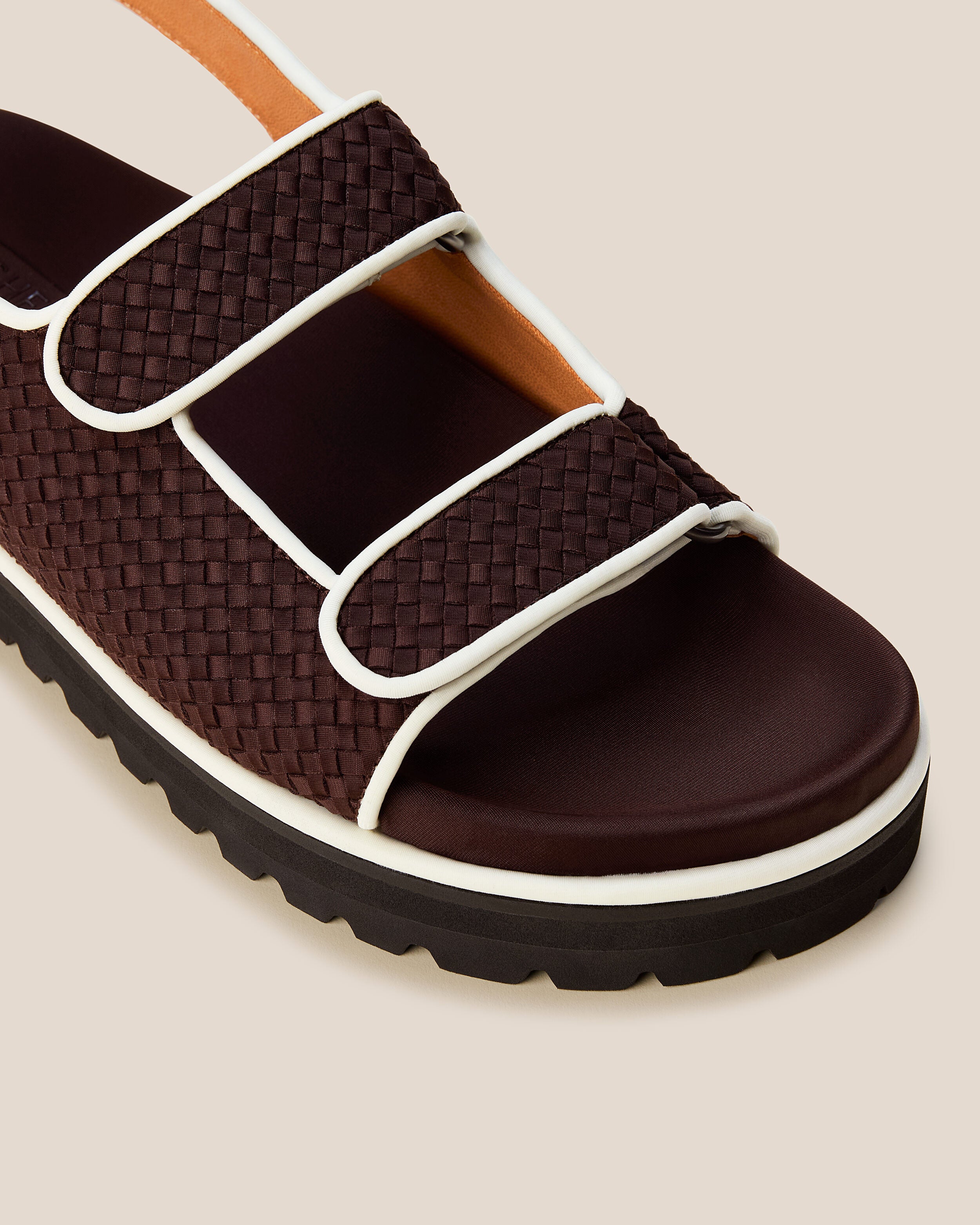 Close-up of The Catalina Sandal in Rhodes showing its open toe and square silhouette.