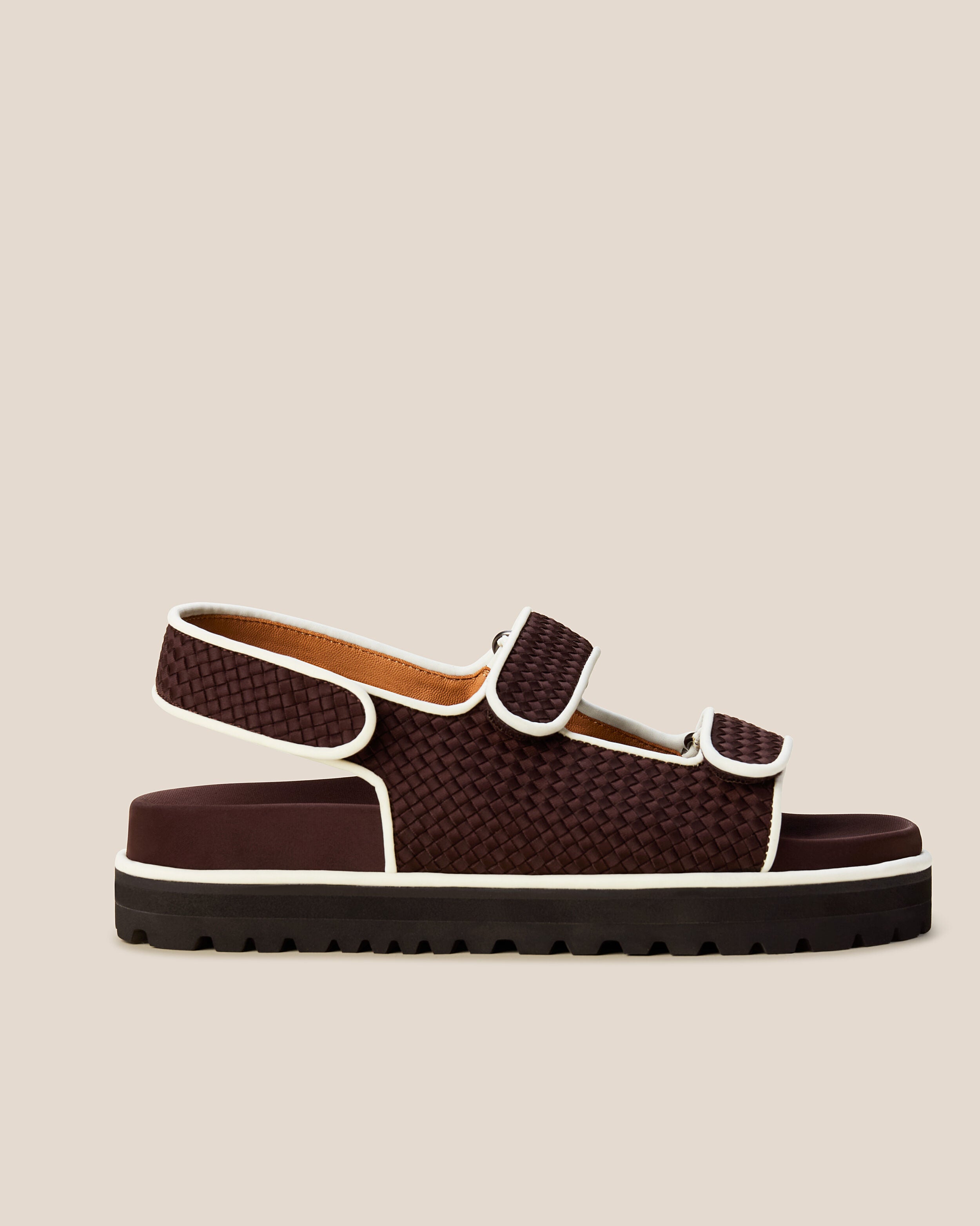 Side view of The Catalina Sandal in Rhodes featuring an open toe and square silhouette, featuring a 3-strap sandal.