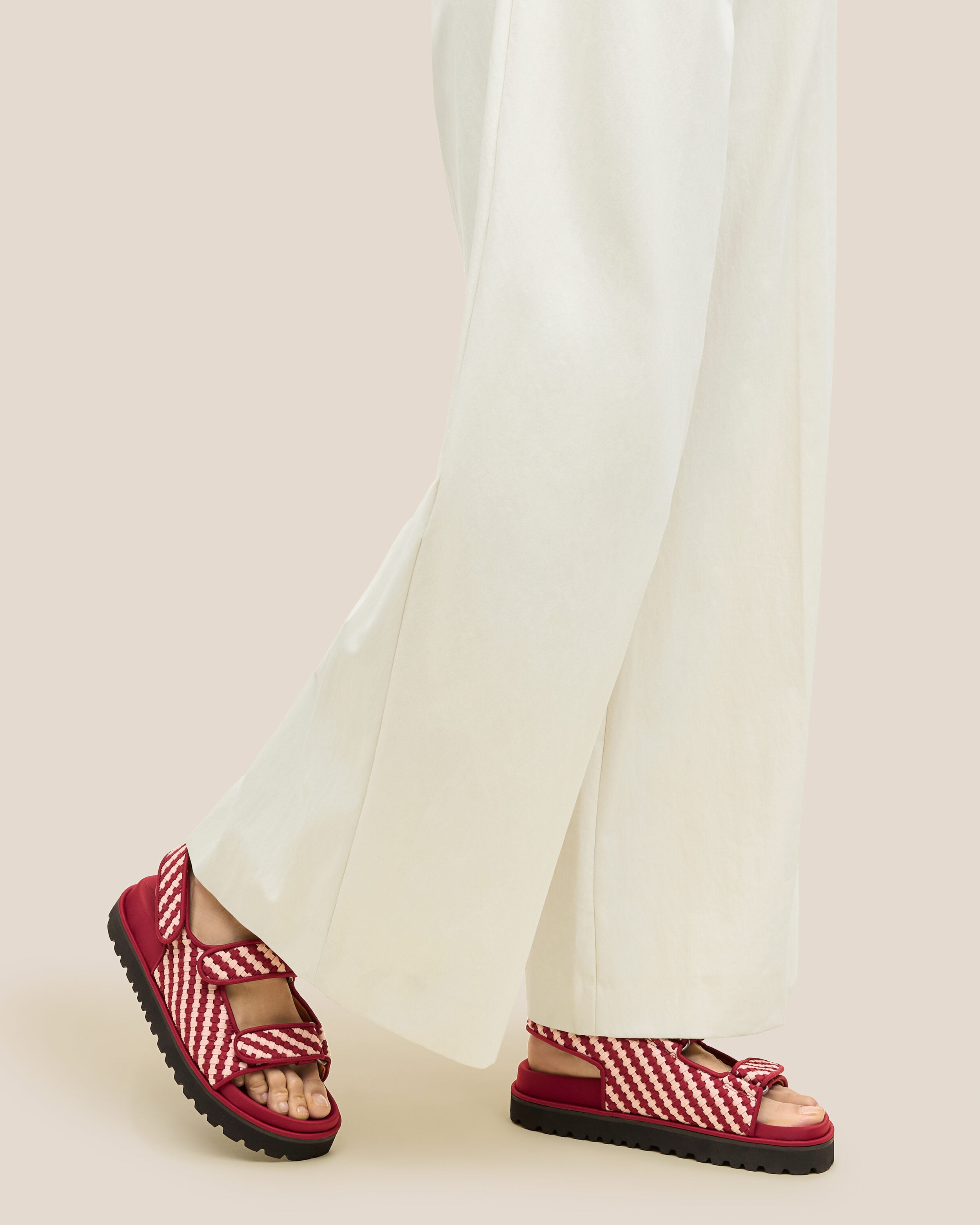 The Catalina Sandal in Lychee shown on model.