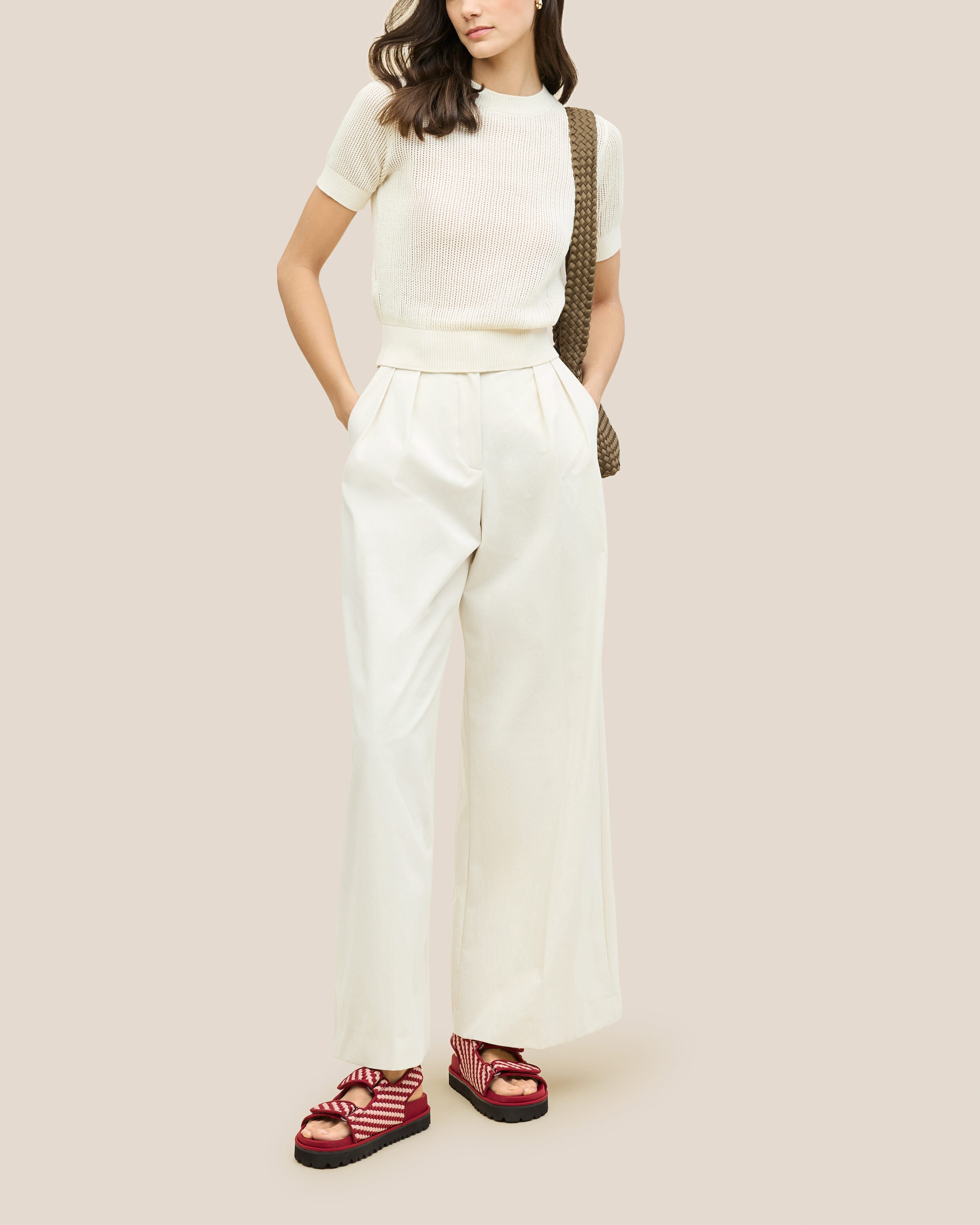 The Catalina Sandal in Lychee shown on model.