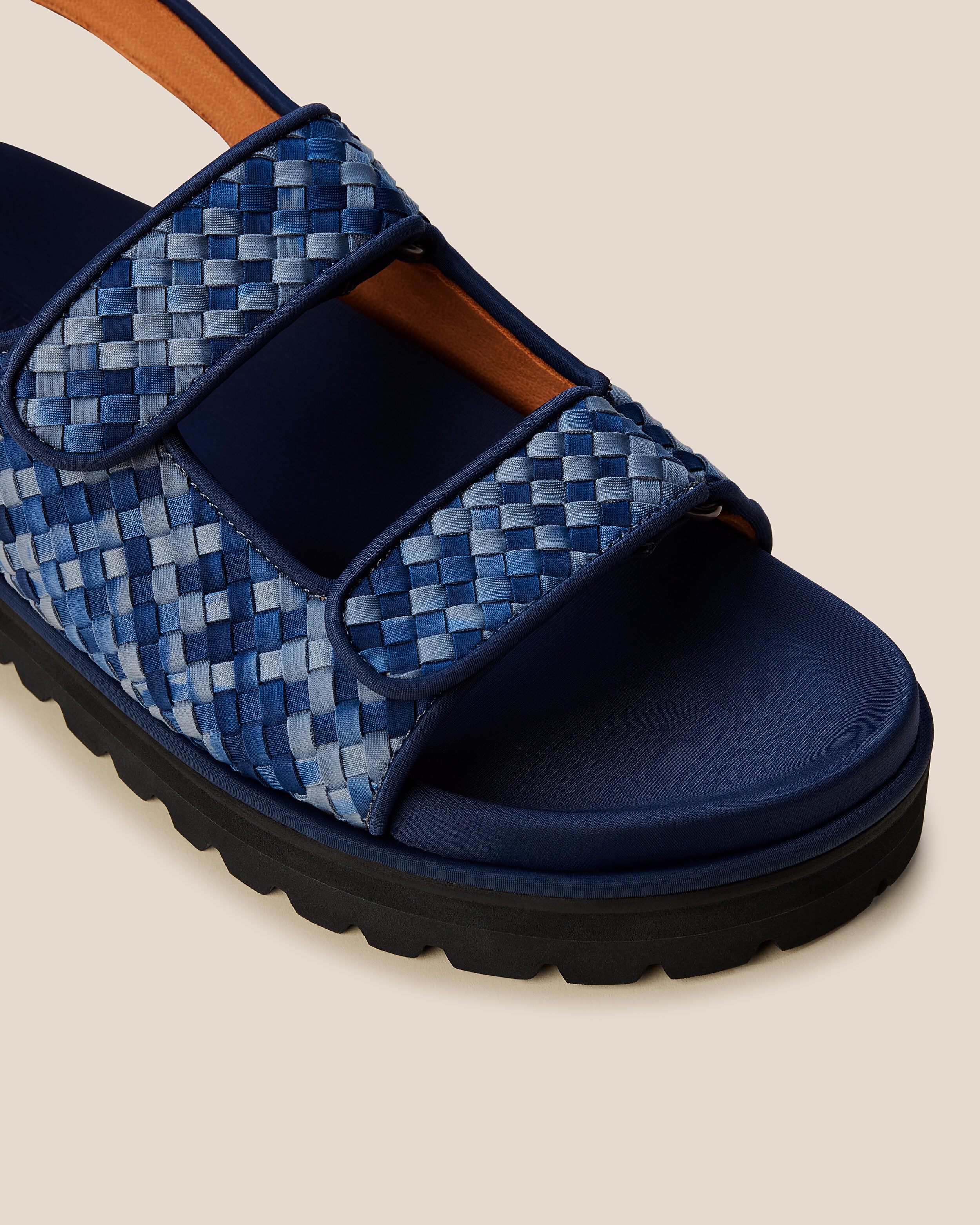 Close-up of The Catalina Sandal in Paros showing its open toe and square silhouette.