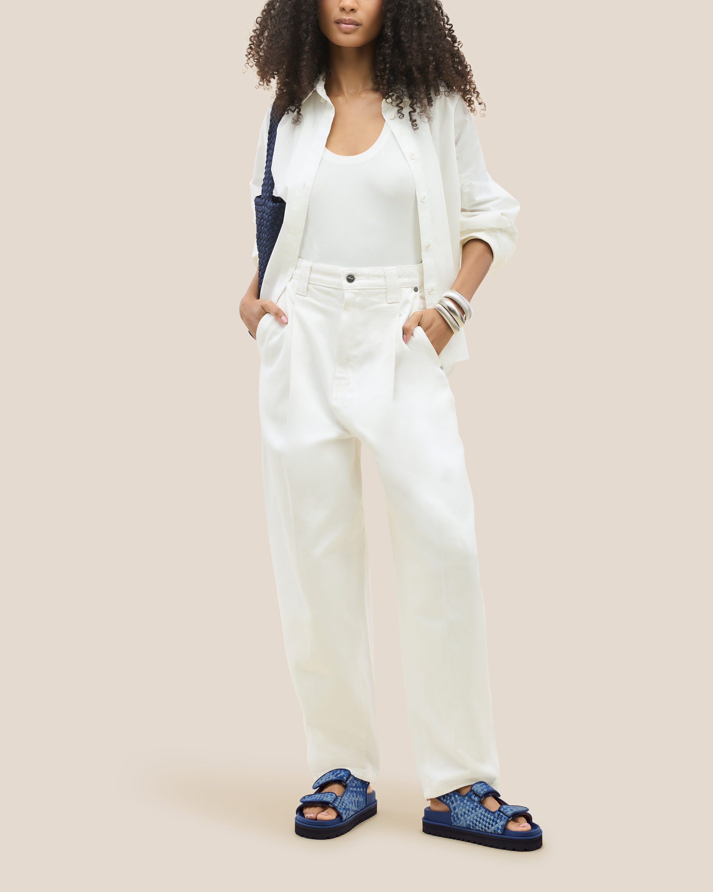 The Catalina Sandal in Paros shown on model.