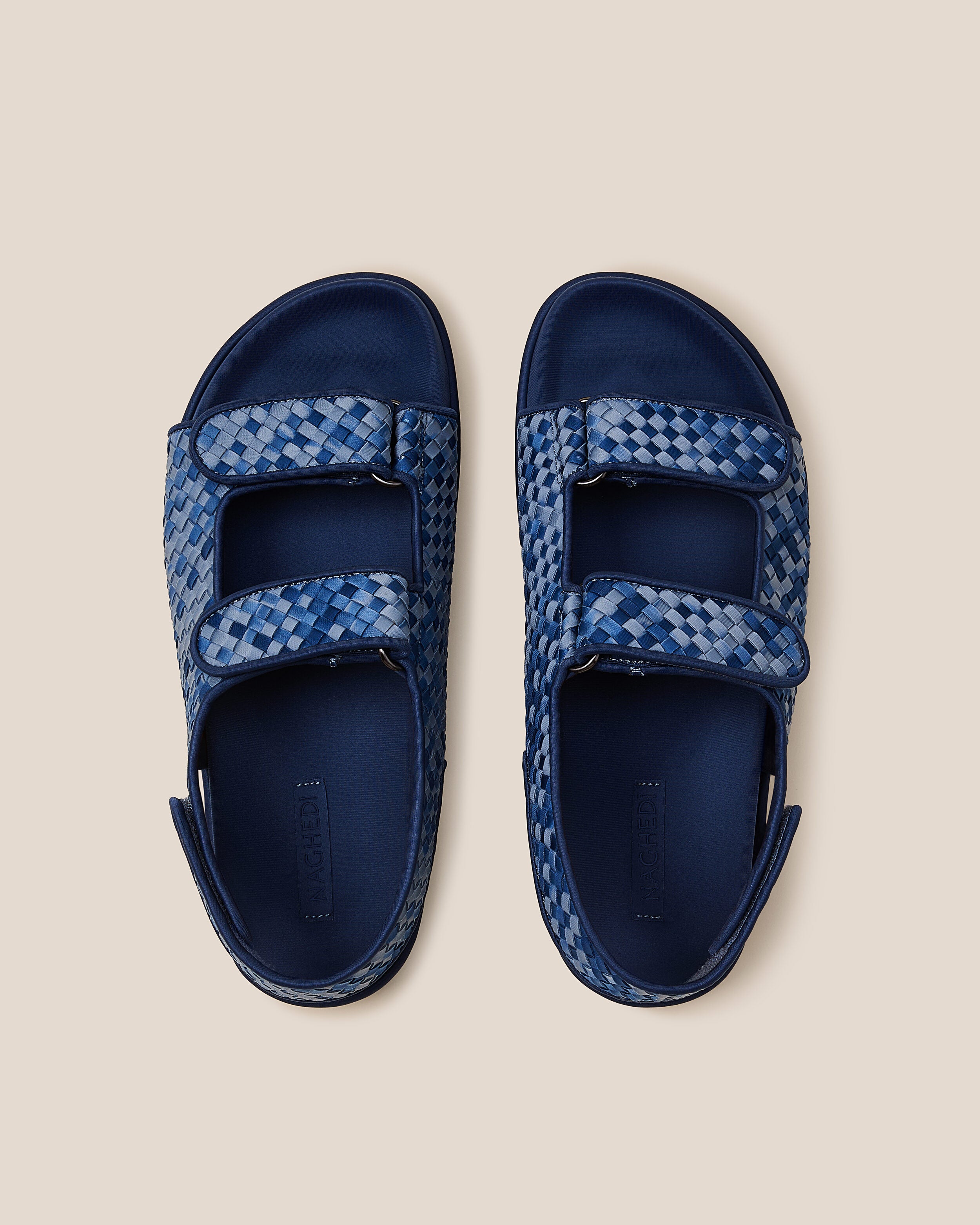 Top view of pair of The Catalina Sandal in Paros showing the molded neoprene footbed.