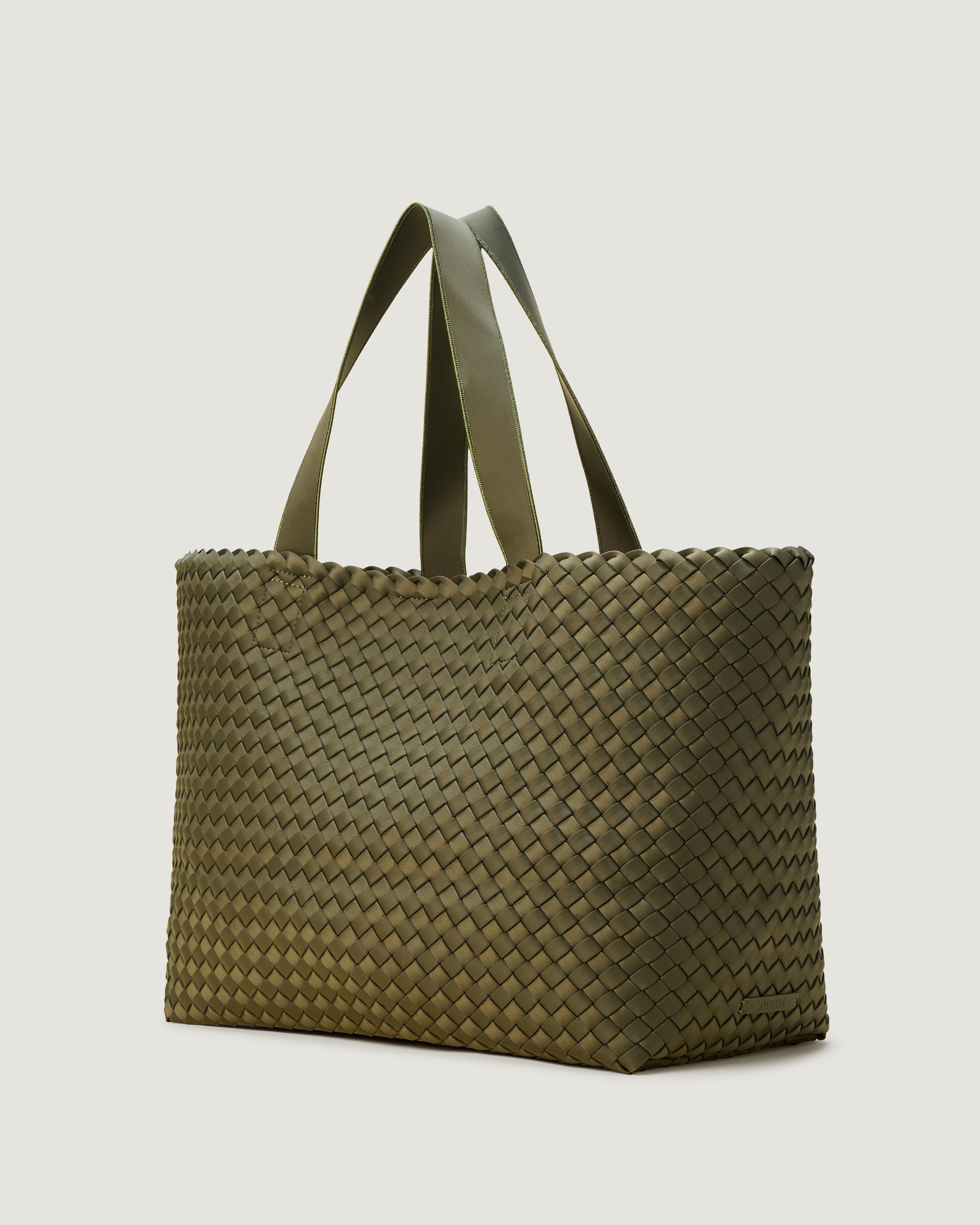 Como Tote in Olive shown from a side angle, highlighting its handwoven neoprene construction and open top with magnetic snap closure.