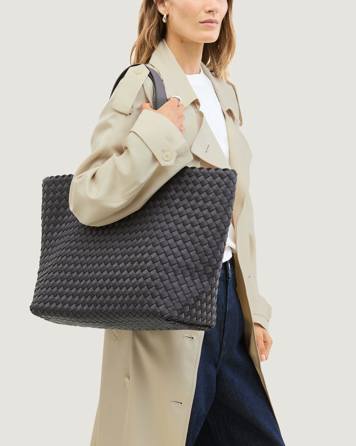 Como Tote in Ash shown on model to illustrate scale and soft silhouette.