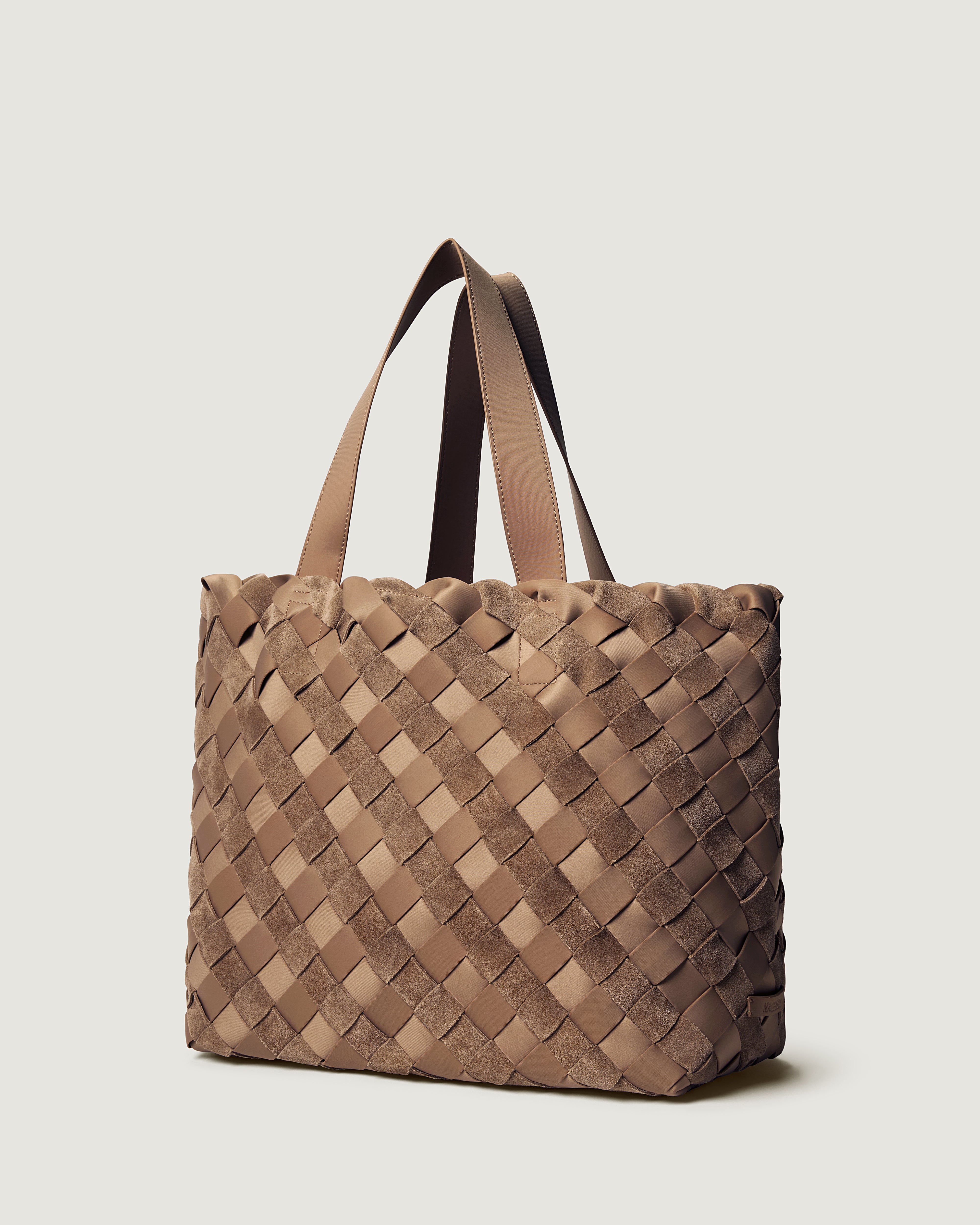A handwoven suede and neoprene tote bag in a warm taupe-brown color, featuring dual shoulder straps and a medium sized structured rectangular shape.
