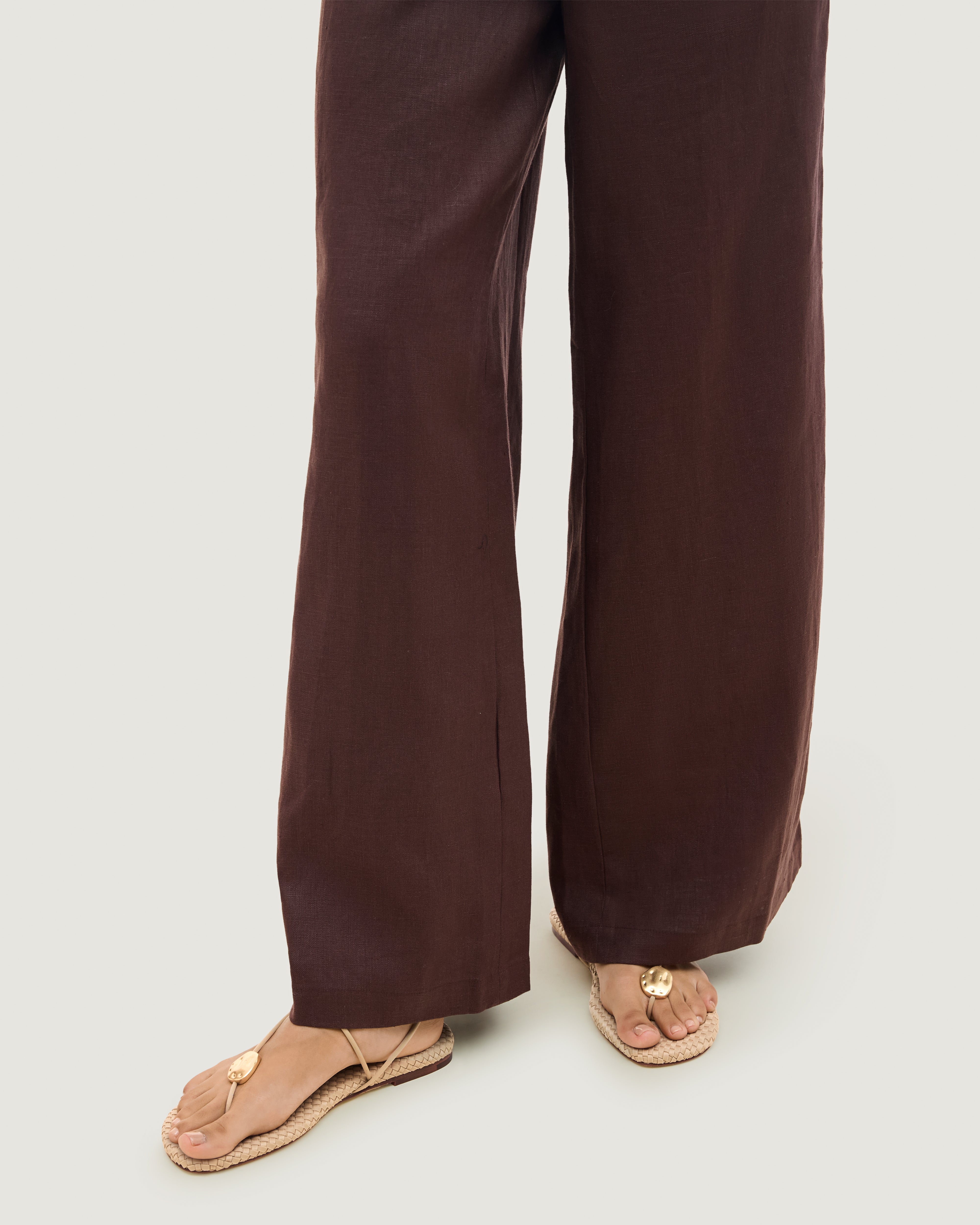 Close up of Gaia Sandal in Camel on model.