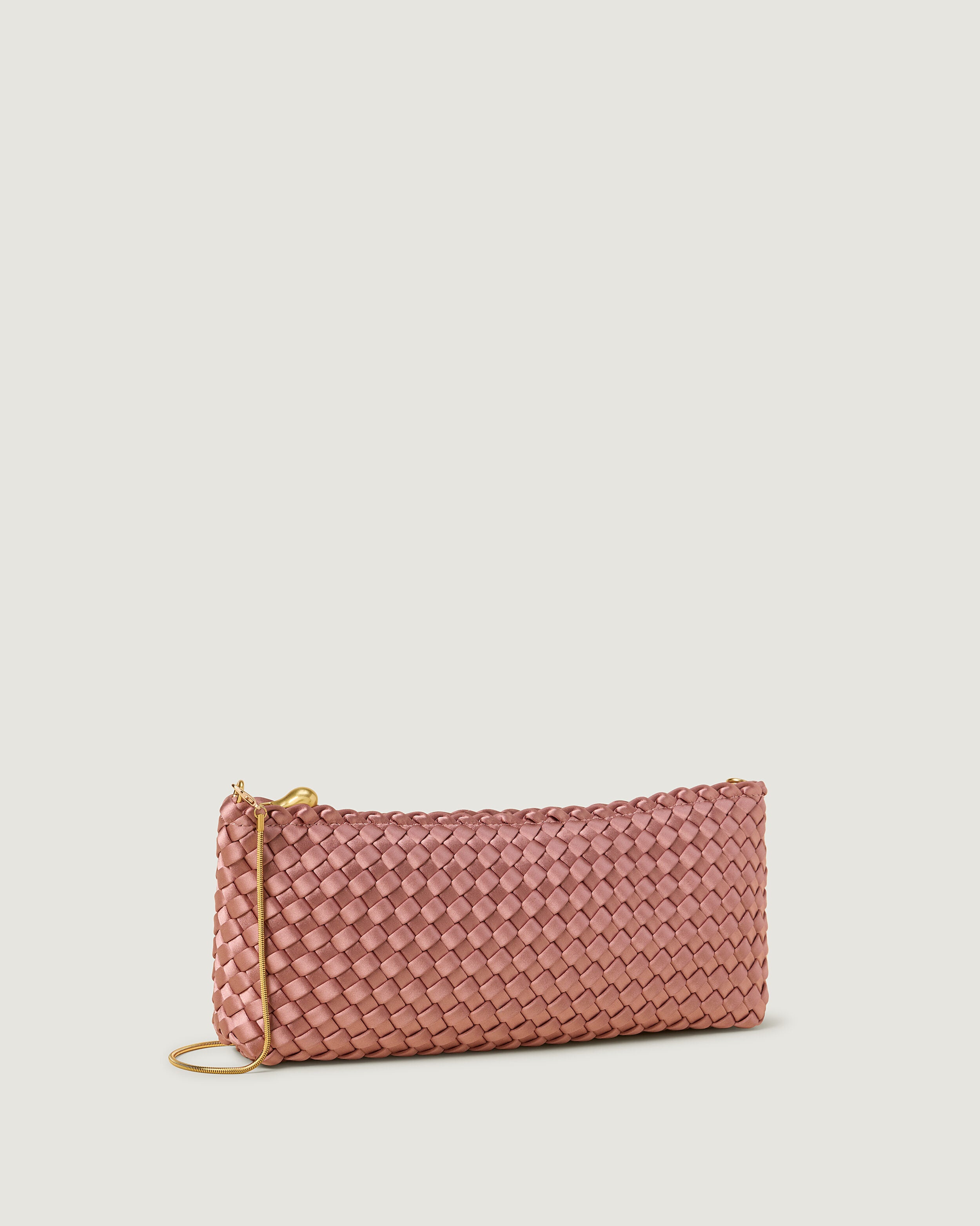 Gala Clutch in Daphne shown from a side angle, highlighting its handwoven neoprene construction and top zip closure.